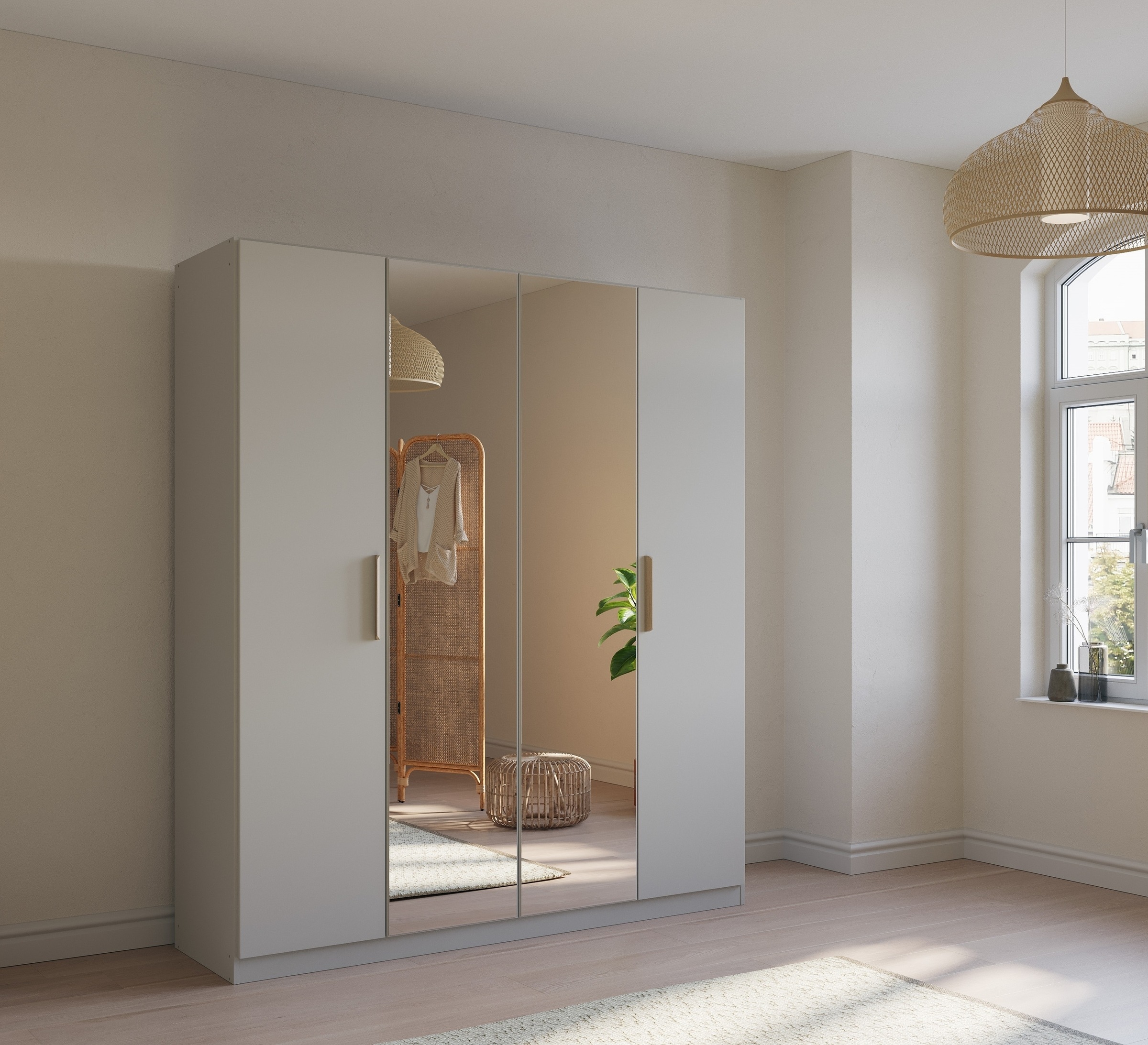 rauch Kleiderschrank »Skandi by Quadra Spin Schlafzimmerschrank« im Landhaus-Stil mit Massivholzgriffen, vollflächige SpiegeltÜren