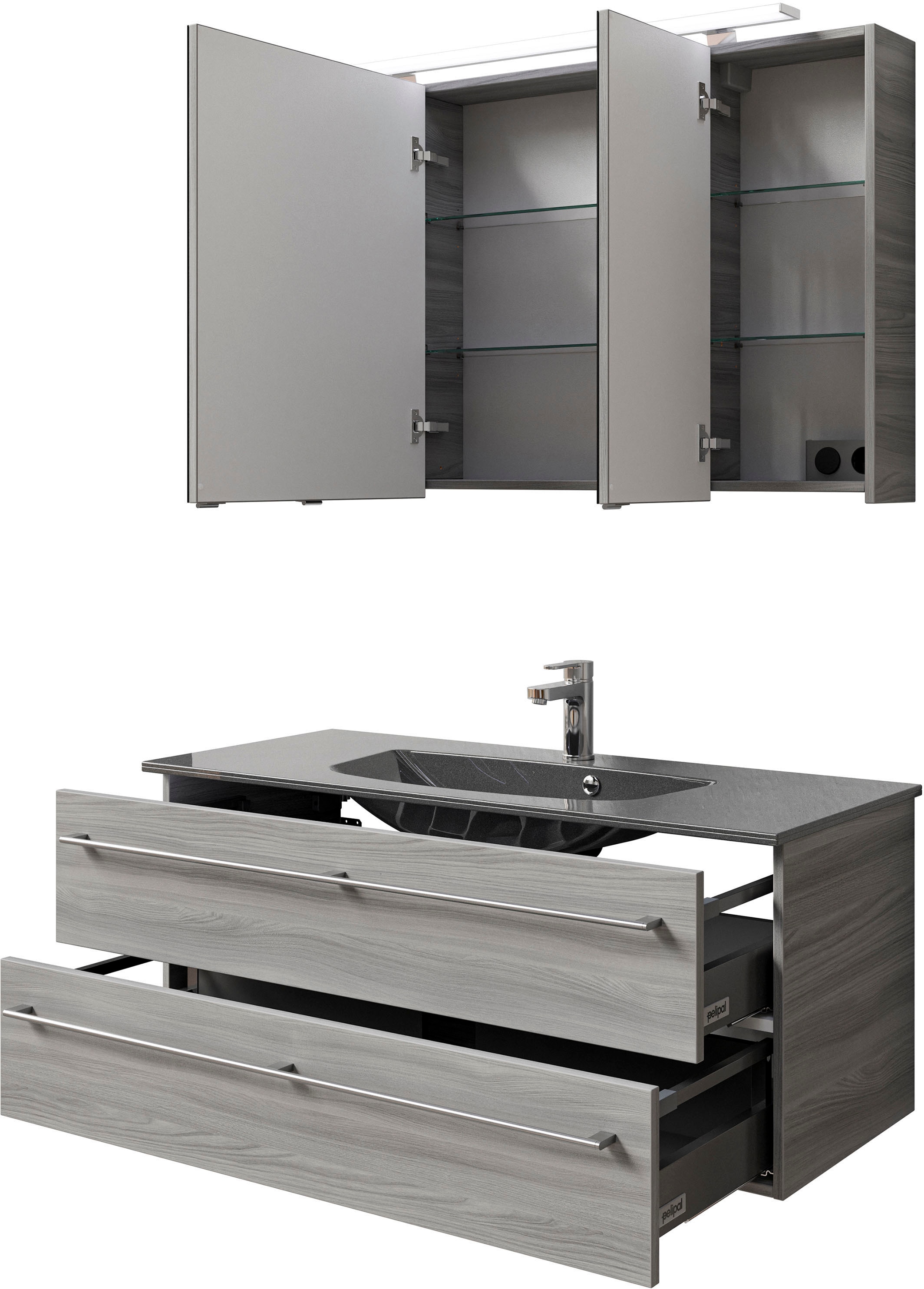 Saphir Badmöbel-Set »Serie 6025 2-teilig Mineralmarmor-Waschtisch mit LED-Spiegelschrank«, (2 St.), Waschplatz 117cm breit, 2 Schubladen, 3 Spiegel-Türen, inkl Türdämpfer