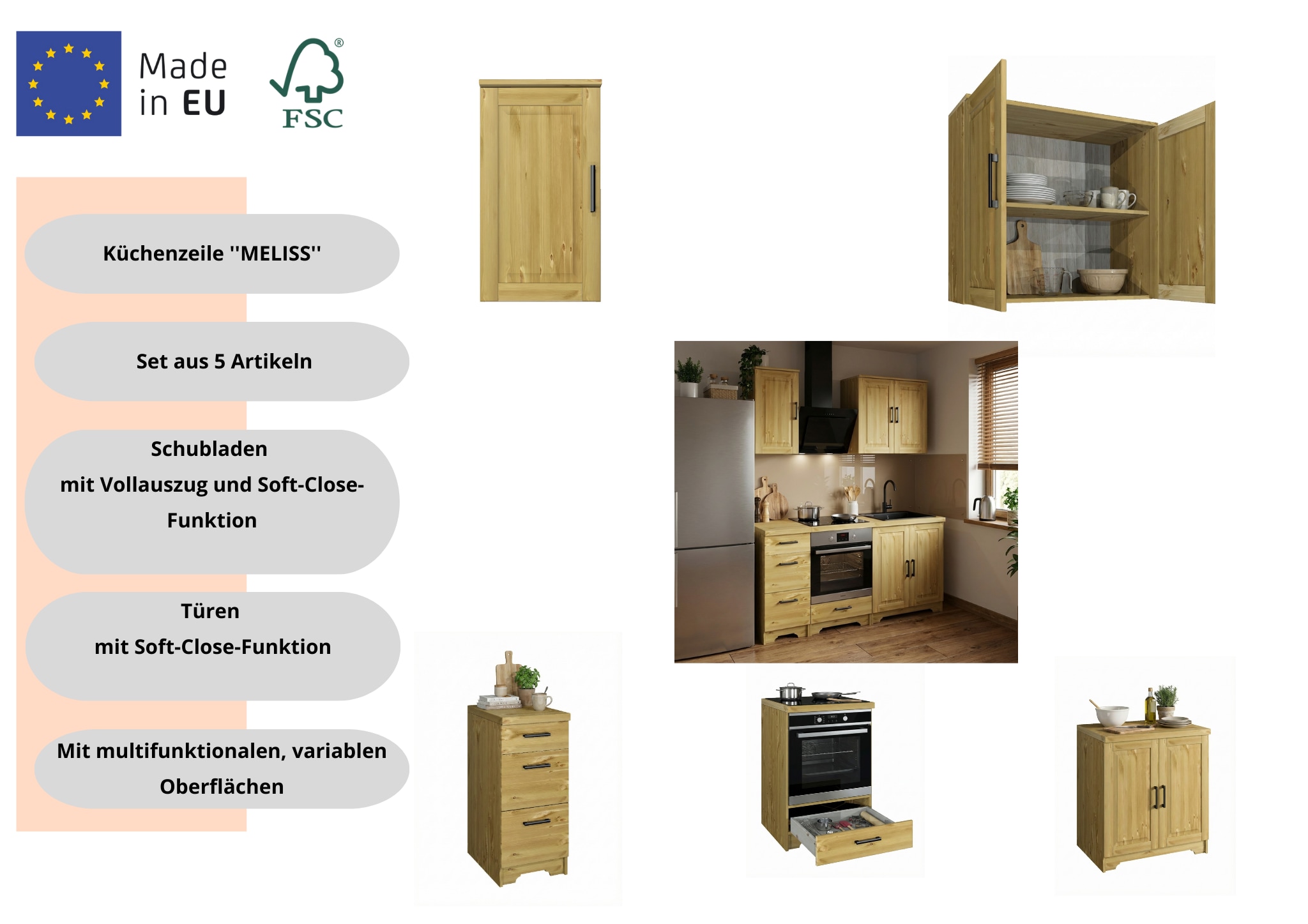 Home affaire Küchenzeile »Meliss« aus massiver Kiefer, mit Soft-Close-Funktion, 5-teiliges Set