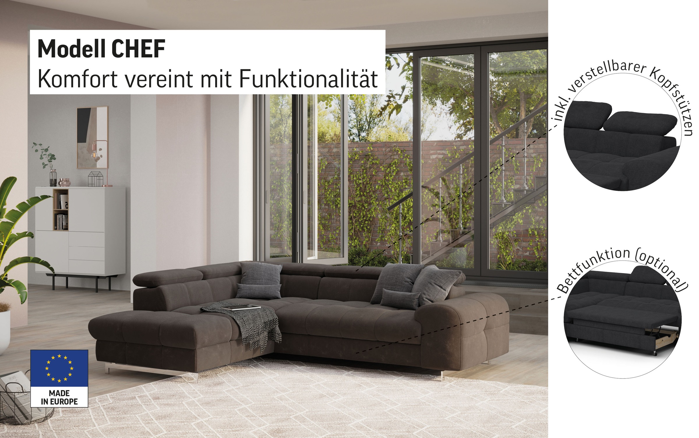 COTTA Ecksofa »Chef L-Form«, mit Kopfteilverstellung, edle Metallkufen, wahlweise mit Bettfunktion