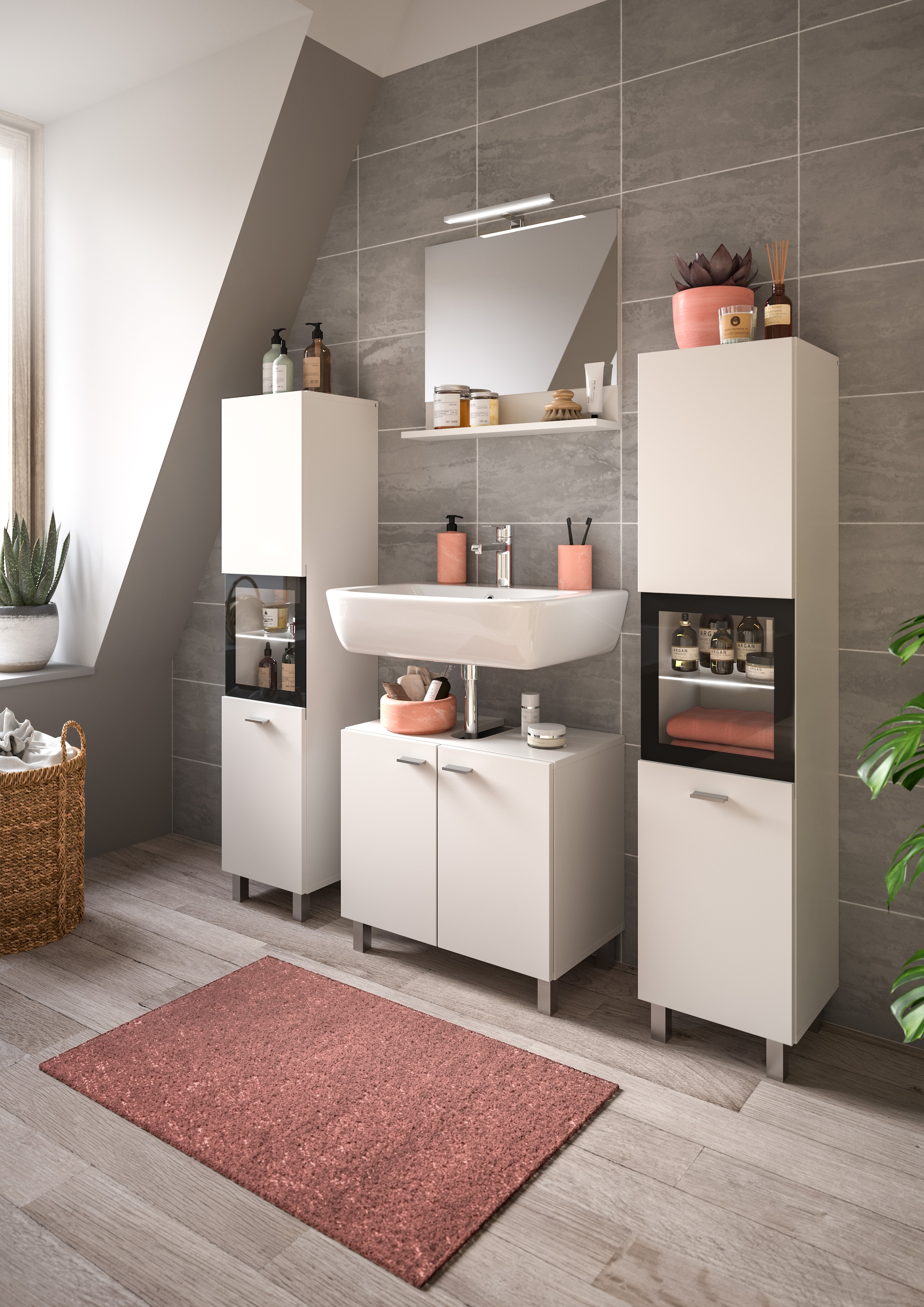 welltime Badmöbel-Set »Tampa, Breite 137cm, 4-teilig«, (4 St.), Waschbeckenunterschrank, Spiegel, Hochschrank