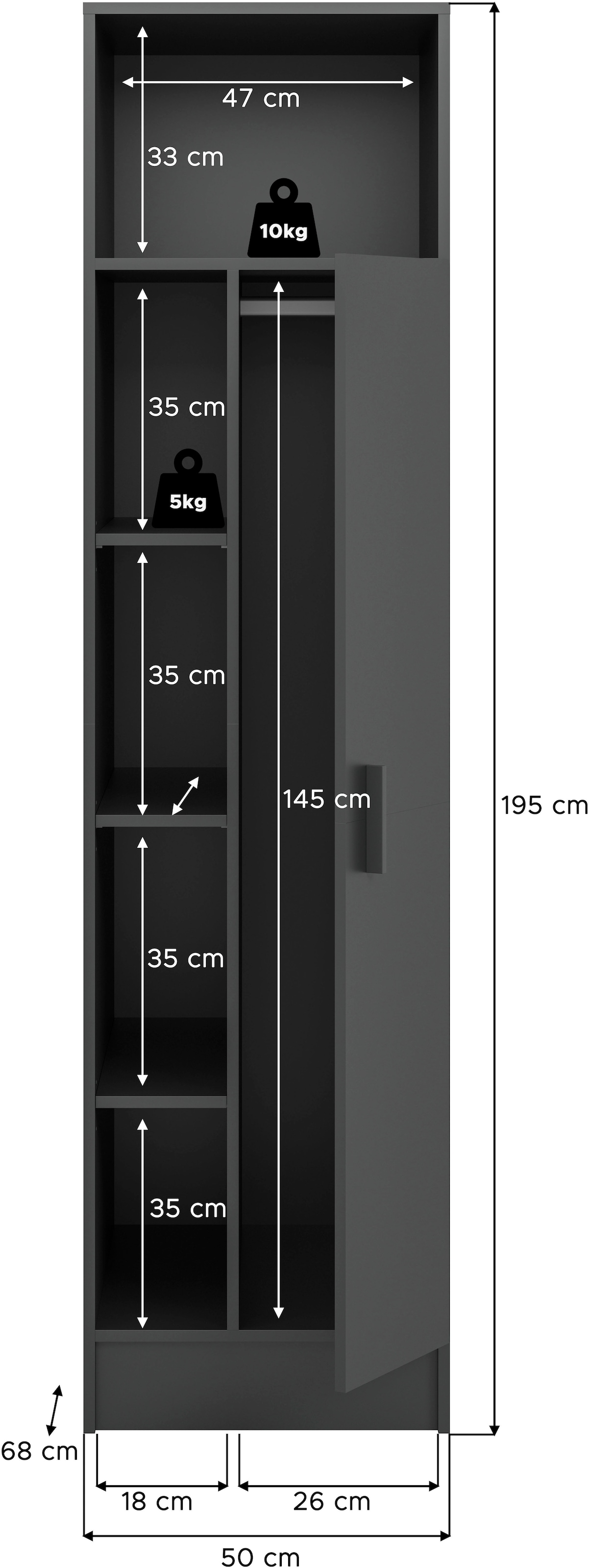 welltime Mehrzweckschrank »FALAS, TOPSELLER!, Höhe 195cm, 1 Tür, 1 Kleiderstange, 5 offene Fächer«, (1 St., in verschiedenen Farben erhältlich), Universalschrank, Wäscheschrank, Badezimmer, Hauswirtschaftsschrank