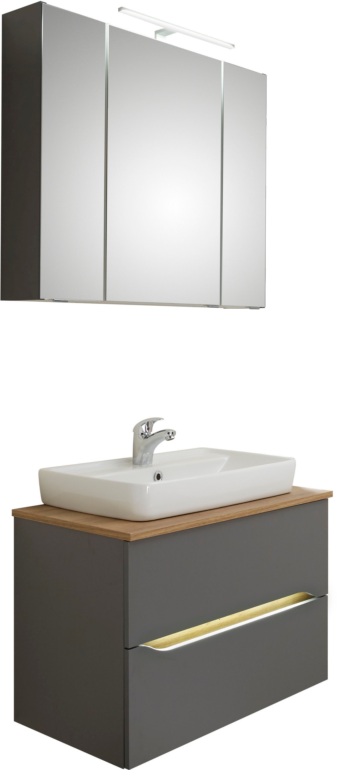 Saphir Badmöbel-Set »Quickset 2-teilig, Keramik-Aufsatzbecken mit LED-Spiegelschrank«, (5 St.), Waschplatz 80 cm breit, inkl. Türdämpfer, 3 Türen, 2 Schubladen