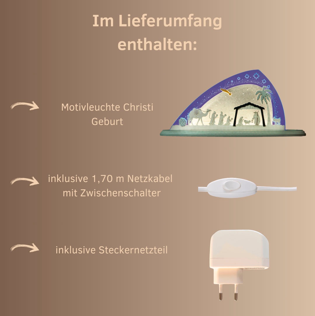 Weigla Lichterbogen »LED Christi Geburt, moderner Schwibbogen aus Holz & Acrylglas«, Erzgebirge garantiert, Weihnachtsdeko Innen, Weihnachtsbeleuchtung