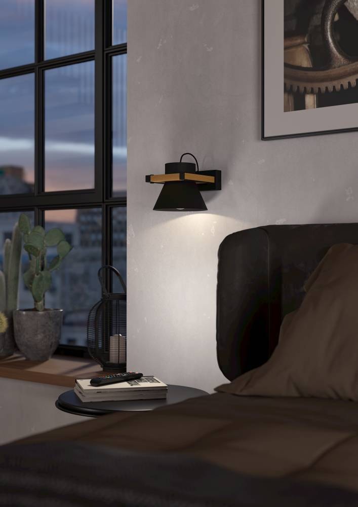 EGLO Wandleuchte »MACCLES«, 1 flammig, Leuchtmittel E27 | ohne Leuchtmittel, Wandleuchte, Flurlampe, schwarz, Metall und Holz, Lampe Wand und Decke