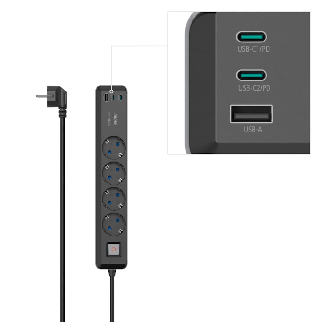 Hama Steckdosenleiste »7in1 Steckdosenleiste mit USB Netzteil 3fach, 65w Ladegerät, USB-C, PD«, 4-fach, (Ein- / Ausschalter-Schalterbeleuchtung-USB-Anschlüsse Schutzkontaktkupplung Kabellänge 1,4 m)