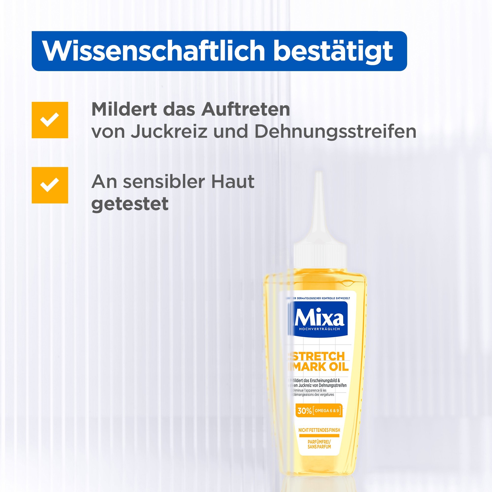 Mixa Körperlotion »Mixa Niacinamide Stretchmark Oil«, Mindert Dehnungsstreifen und deren Juckreiz, für empfindliche Haut.