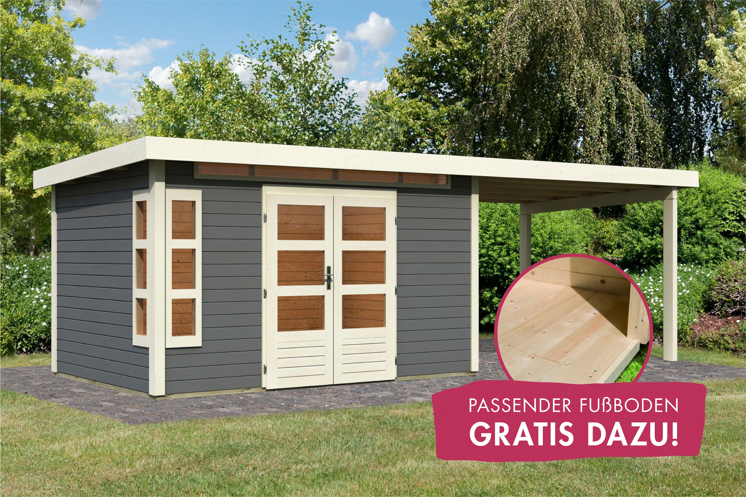 Karibu Gartenhaus »Kolimasee 7«, (Set), mit Anbaudach 3,2 m, terragrau