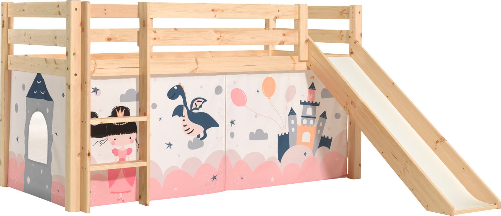 Bild von Vipack Spielbett »Vipack Pino«, (Made in Europe), Hochbett mit Textil-Set, inkl. Rolllattenrost, Leiter und Rutsche