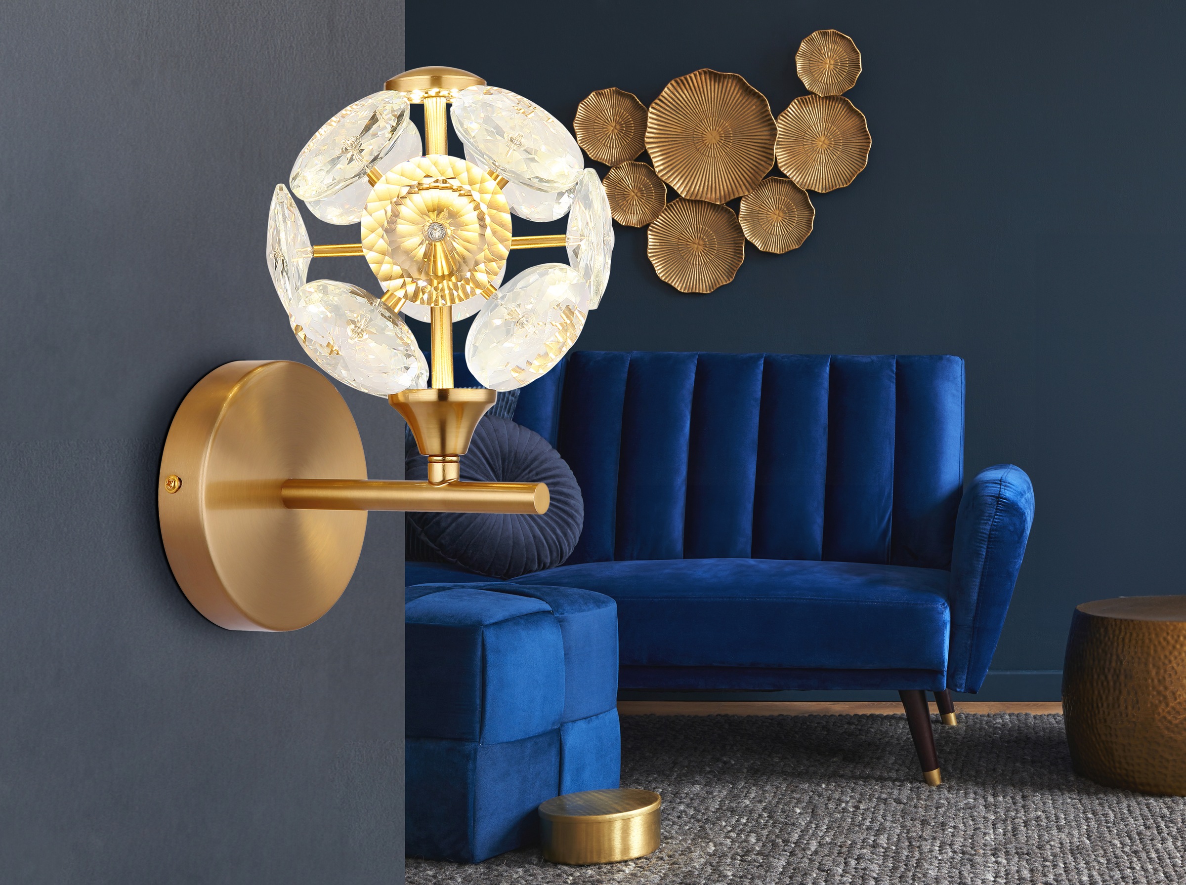 GLOBO LIGHTING Wandleuchte »VIRINA« LED-Modul 1 Stk. Warmweiß Goldfarbene Wandleuchte mit K9 Kristallen, LED 6W, aufwärts