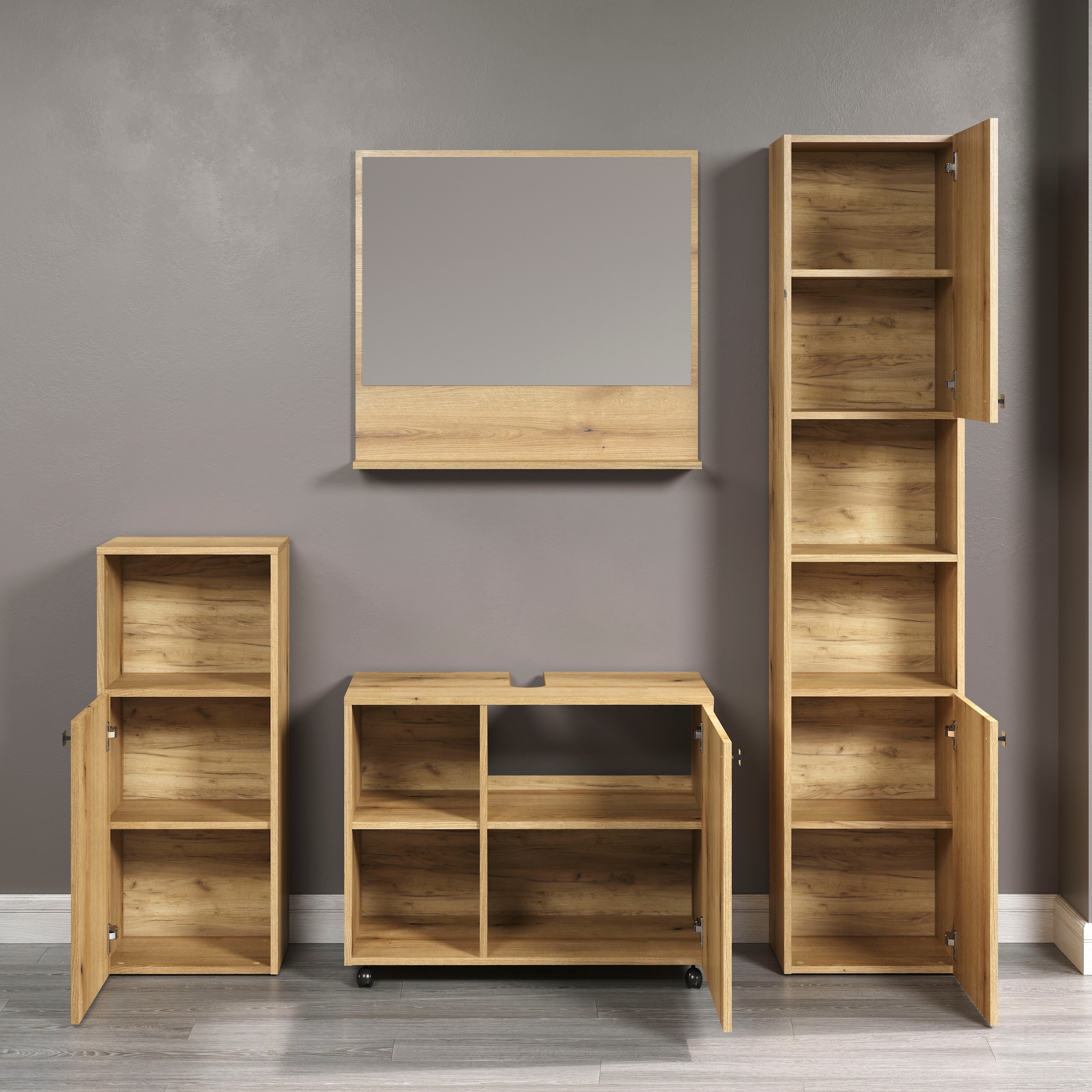 welltime Badmöbel-Set »Amrum Waschbeckenunterschrank Spiegel Hochschrank Badschrank« Komplett-Set, 4 Stk. tlg.