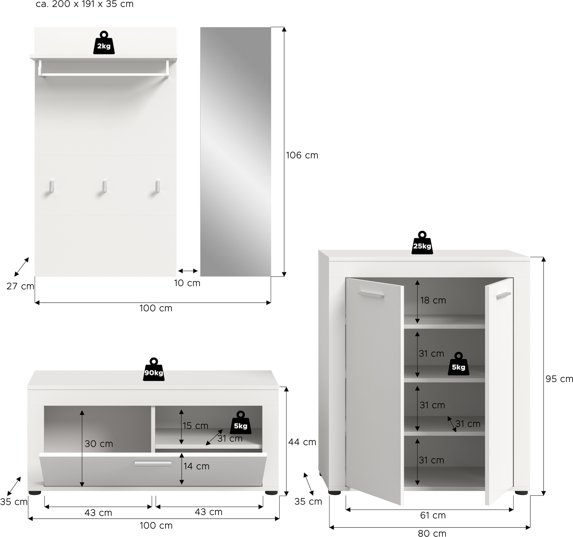 INOSIGN Garderoben-Set, (Set, 4 St.), Aosta, Höhe 191 cm, Garderobenset, Flur, Diele