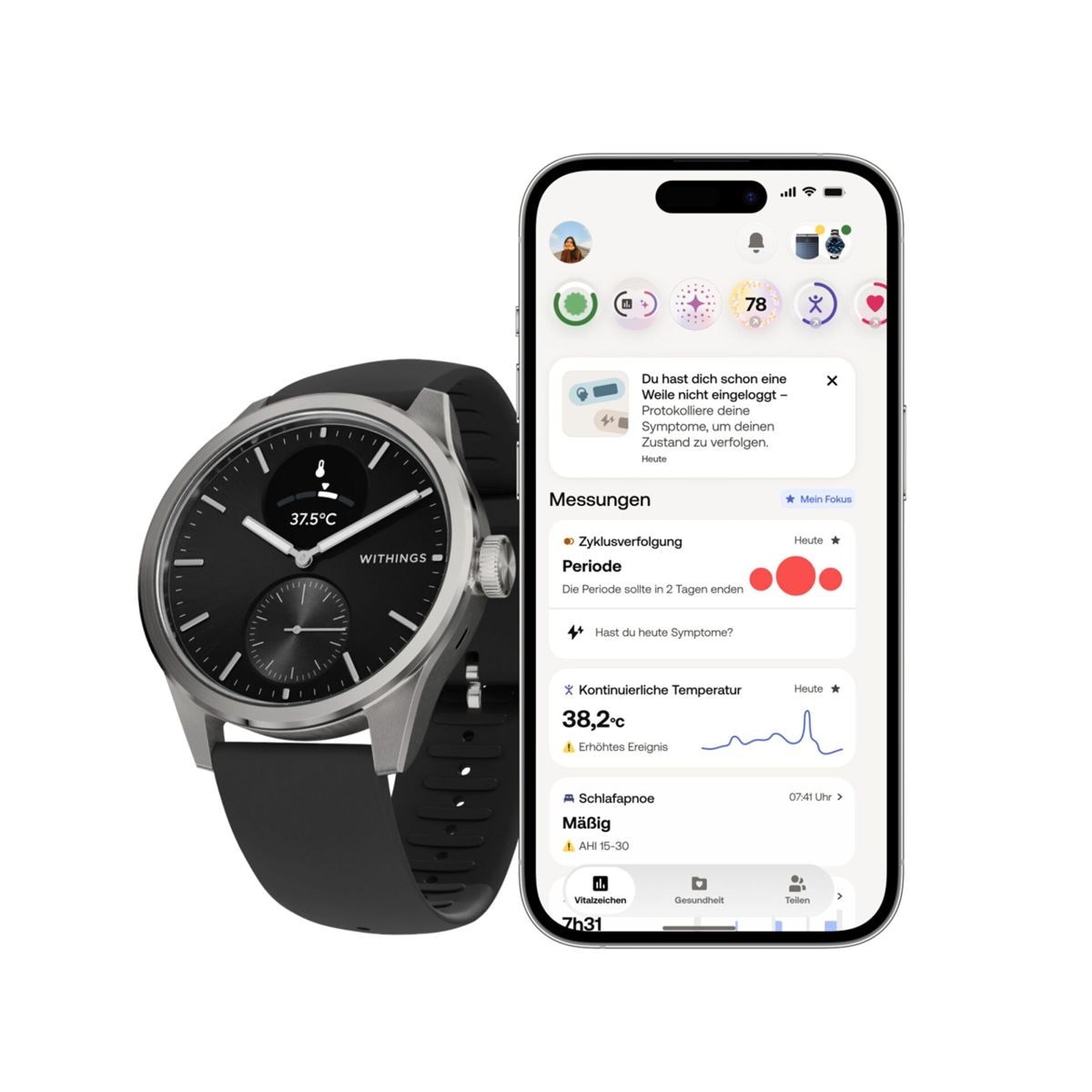Withings Smartwatch »ScanWatch 2, Akku bis 35 Tage, appfähige« (0,42 cm / 1,65 ″)