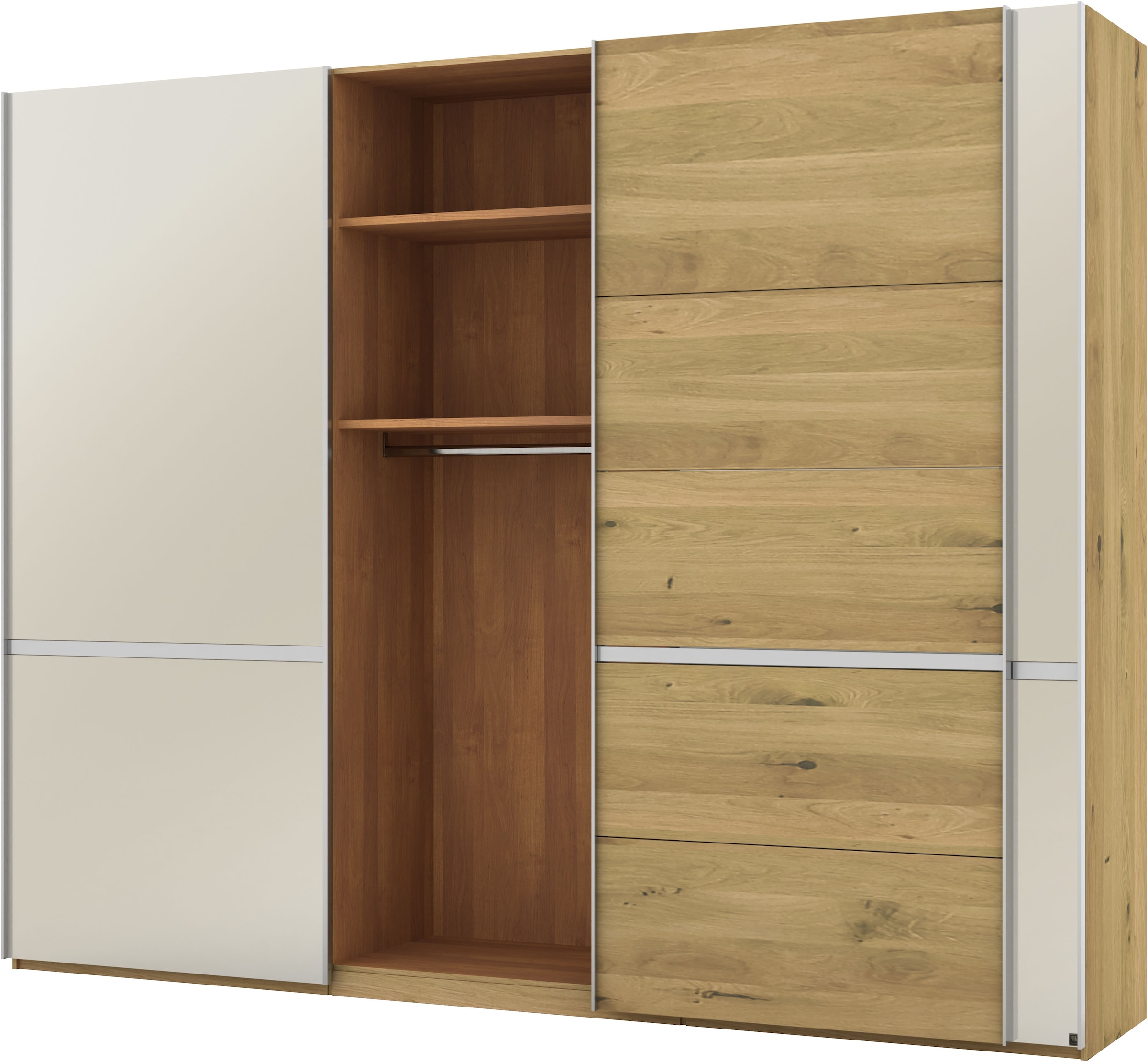 Musterring Schwebetürenschrank »Savona, Kleiderschrank, Schrank, Garderobe, mit Schiebetüren«, (Teilmassiv Bianco-Eiche, mit Spiegel oder Glas, MADE IN GERMANY), Türen Bianco-Eiche massiv, Spiegel-/Glastüren, eingelegte Chromleiste