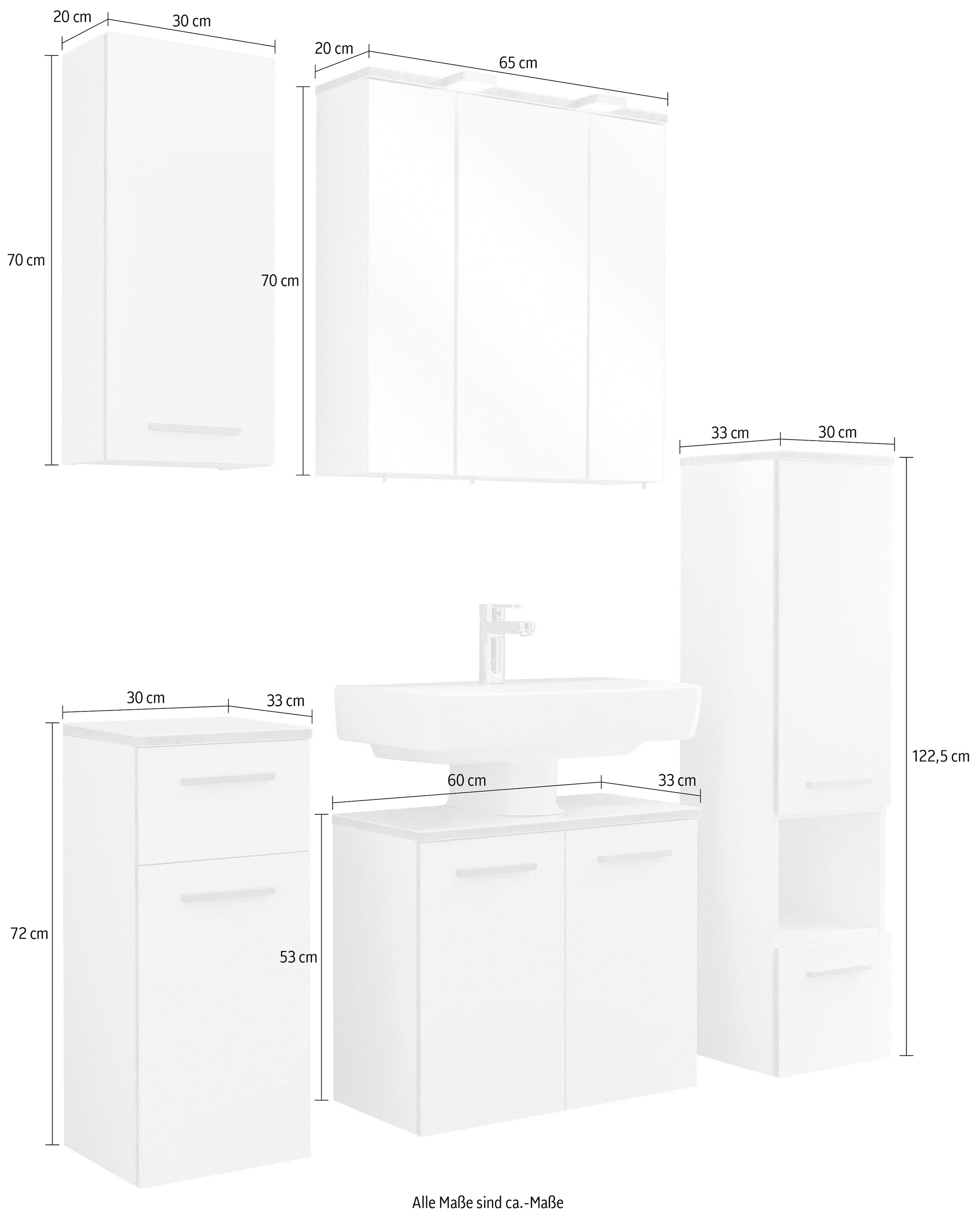 Saphir Badmöbel-Set »Quickset 931 5-teilig, Waschbeckenunterschrank mit LED-Spiegelschrank«, (Set, 5 St.), Midischrank, Unterschrank, Hängeschrank, inkl. Türdämpfer, Weiß Glanz