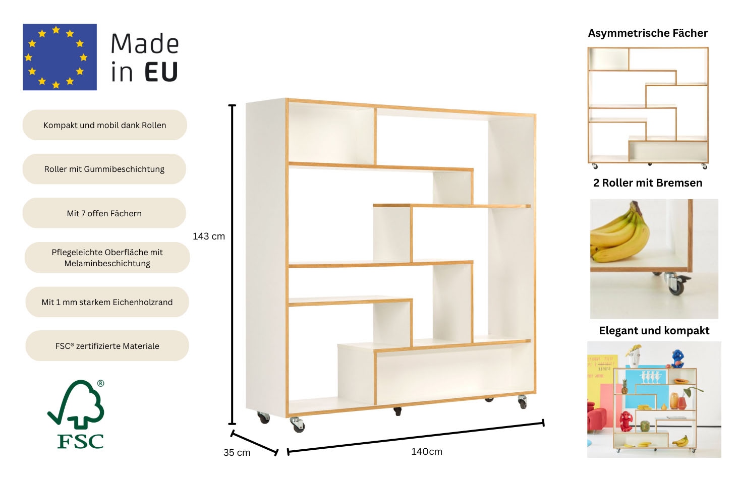 andas Raumteilerregal »Sten, Bücherregal, Standregal, Regal, Raumteiler« auf Rollen, Breite 140 cm, mit viel Stauraum, FSC®-zertifiziert