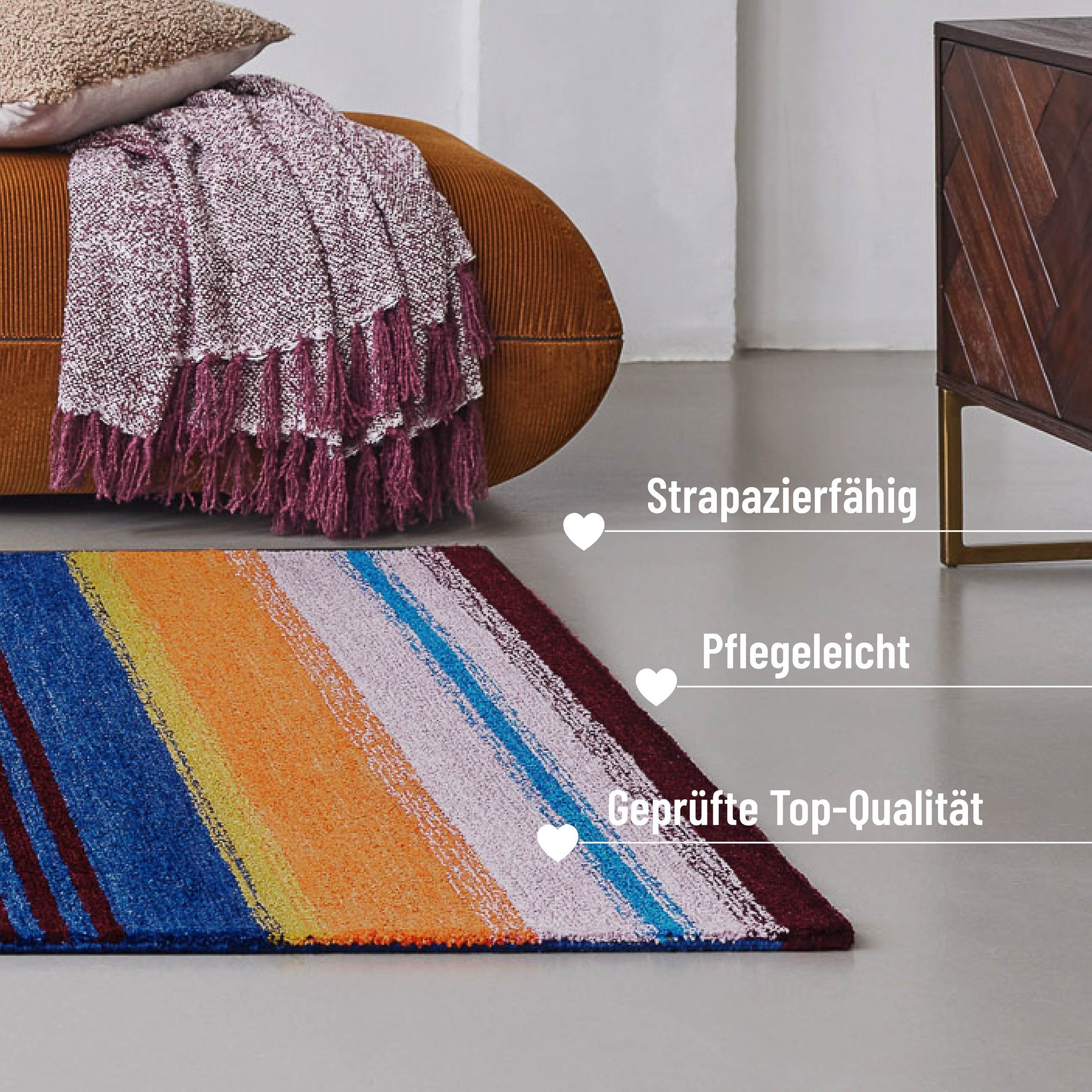 Wecon home Teppich »Petrol«, rechteckig, 7 mm Höhe, handgefertigt, pflegeleicht, gestreift, Wohnzimmer, Schlafzimmer