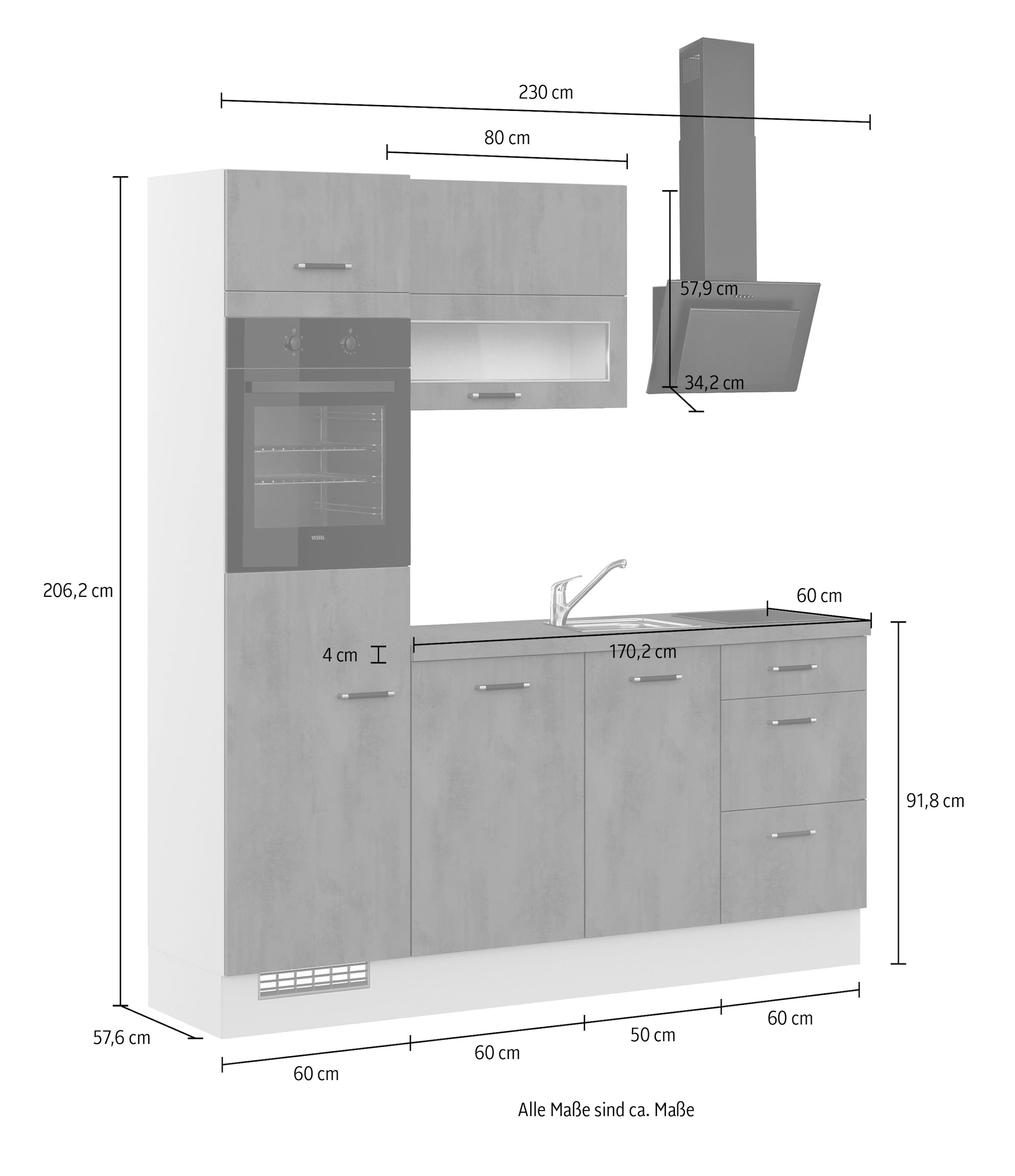 IMPULS KÜCHEN Küchenzeile »Prag, Ausrichtung wählbar, Schubkästen mit Soft-Close« Set,  vormontiert, Breite 230 cm