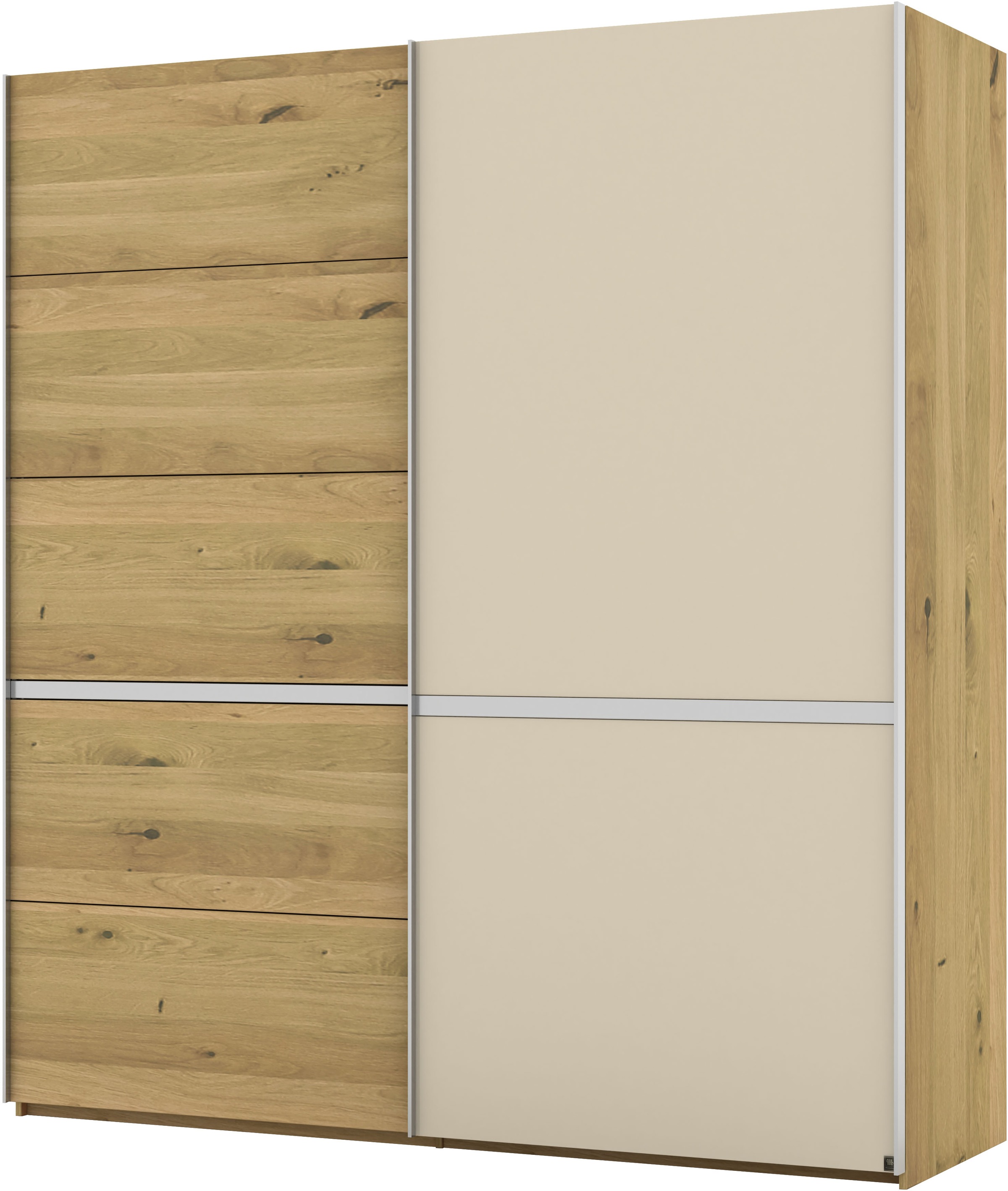 Musterring Schwebetürenschrank »Savona, Kleiderschrank, Schrank, Garderobe, mit Schiebetüren« Teilmassiv Bianco-Eiche, mit Spiegel oder Glas, MADE IN GERMANY,  Türen Bianco-Eiche massiv, Spiegel-/Glastüren, eingelegte Chromleiste