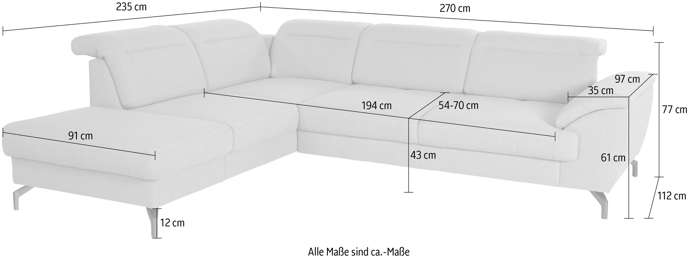 sit&more Ecksofa »Percy L-Form«, 12 cm Fußhöhe, Sitztiefenverstellung, wahlweise in 2 Fußfarben