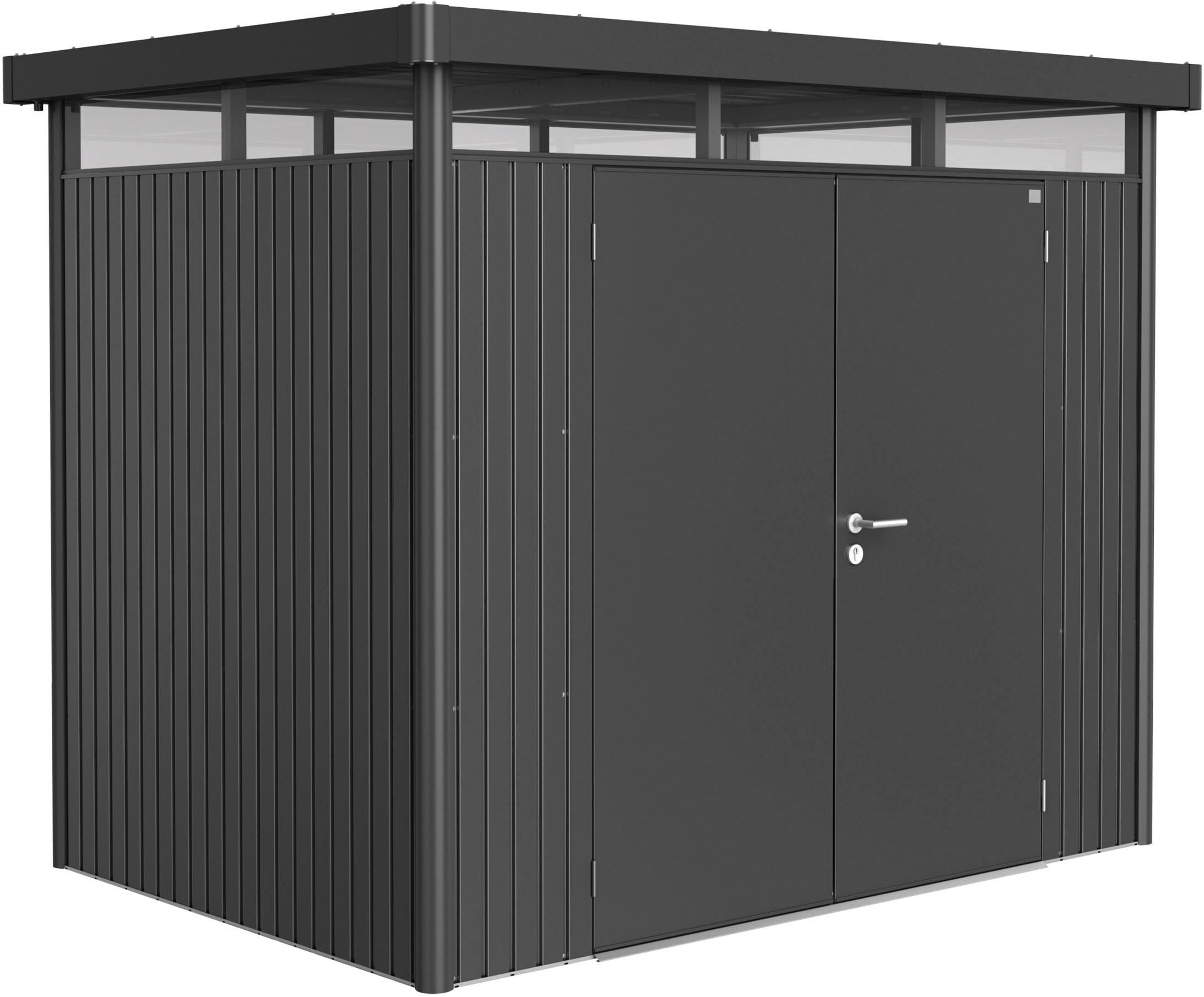 BIOHORT Gerätehaus »HIGHLINE Gr. H2, verschiedene Farben« stylisches Metall-Gartenhaus mit Flachdach dunkelgrau-metallic