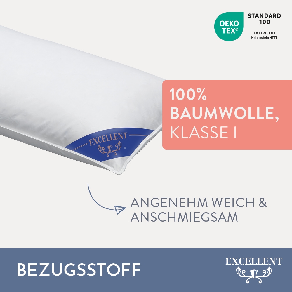 Excellent Kopfkissen »Venedig«, Füllung: weiße neue Federn und Daunen, Klasse I, 85% Federn / 15% Daunen, Bezug: Köper-Inlett, 100% Baumwolle, (Spar-Set, 2 St., 2 Kopfkissen), Kopfkissen 40x40, 40x80, 80x80, allergiker geeignet (Hausstaub)