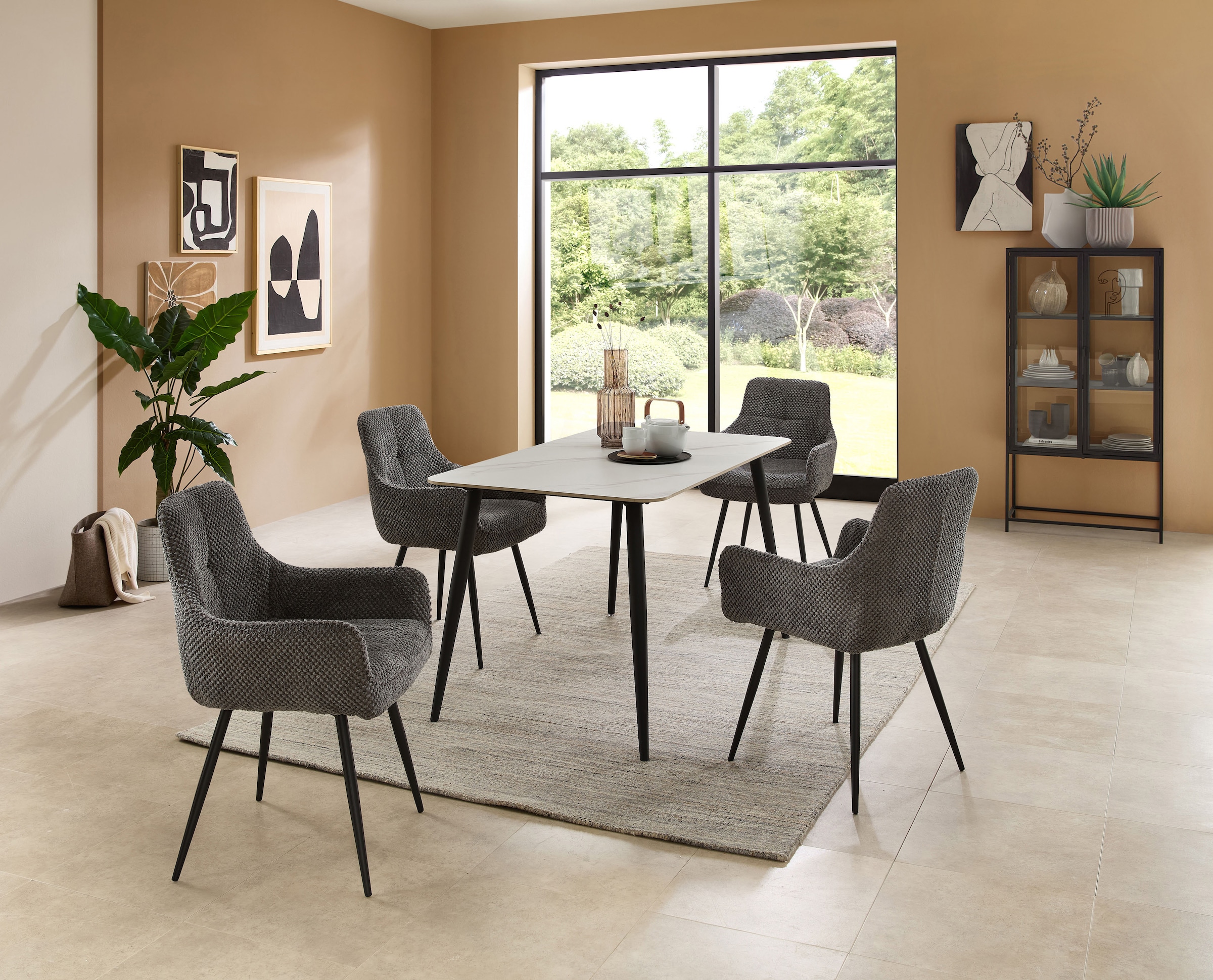 Stolkom Esstisch »Cody Esszimmertisch Keramik, Weiß marmoriert, BxHxT 140x76x80 cm«, Keramikoberfläche weiß marmoriert, 4-Fuß Gestell Schwarz matt