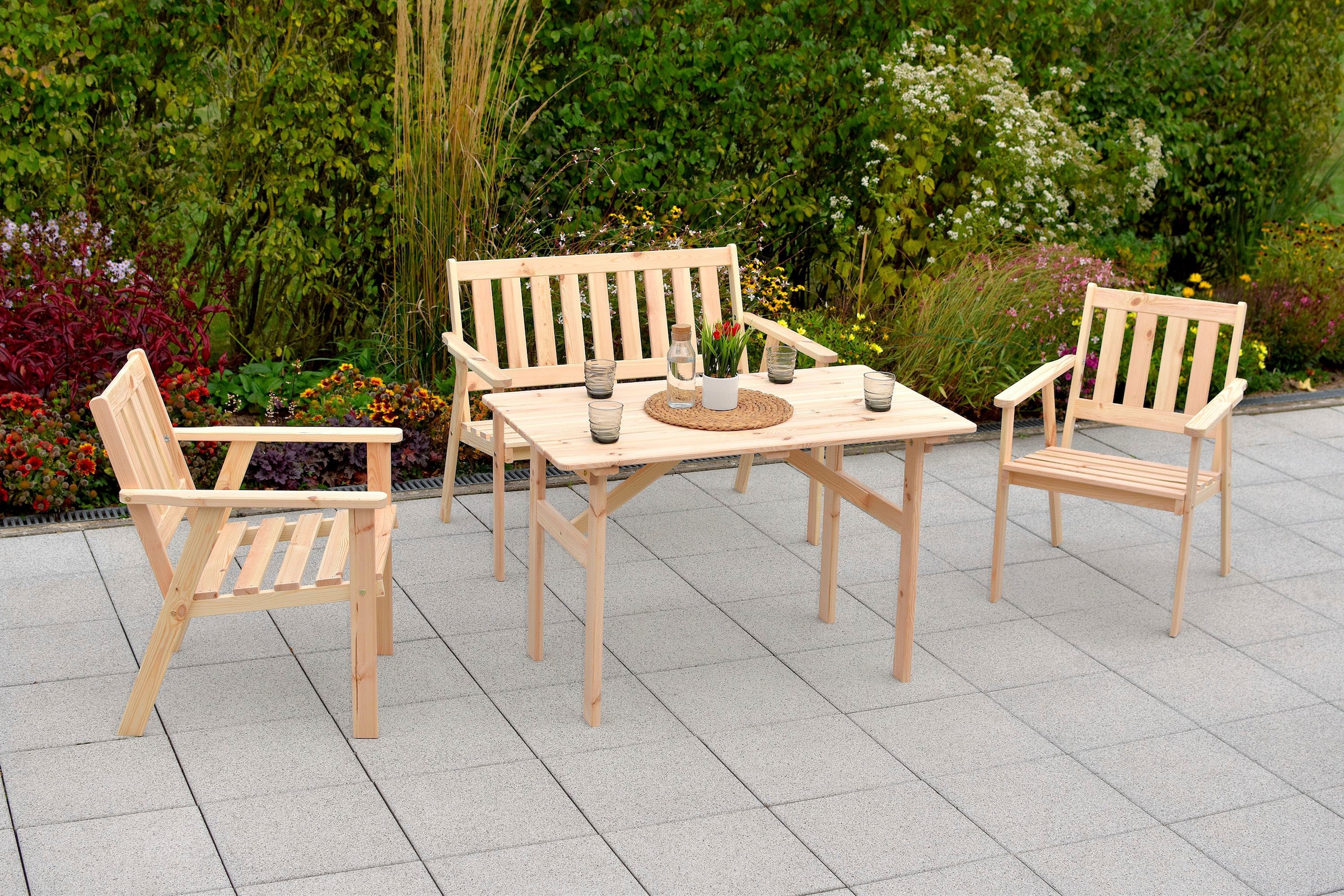 MERXX Garten-Essgruppe »Sylt«, (4 tlg., 2x Sessel, 1x Bank, 1x Tisch), Kiefernholz