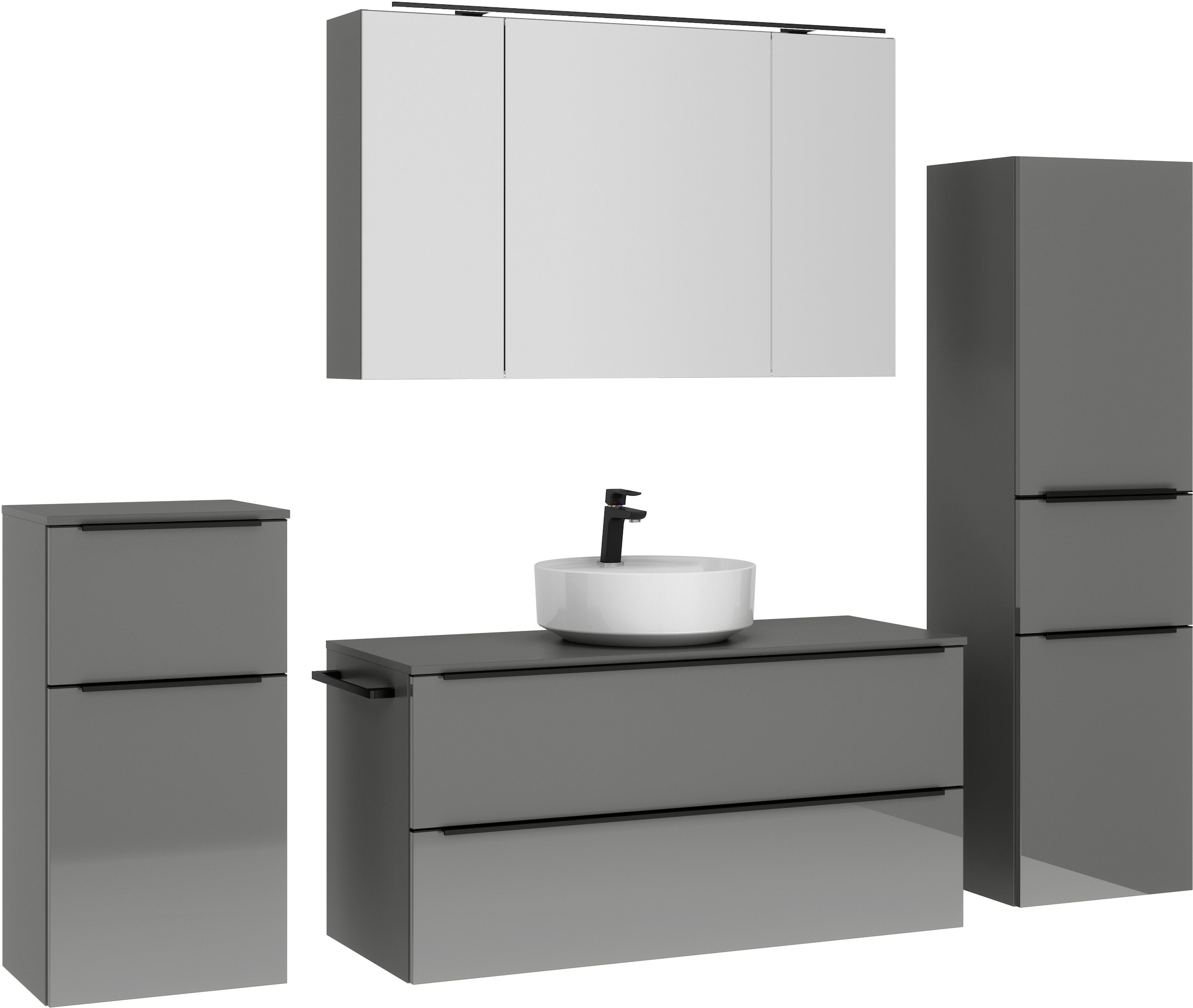 nobilia® Badmöbel-Set »Alvene«, (4 St., vormontiert, mit Soft-Close), inkl. Spiegelschrank mit Beleuchtung und Dimmerfunktion, in 4 Breiten