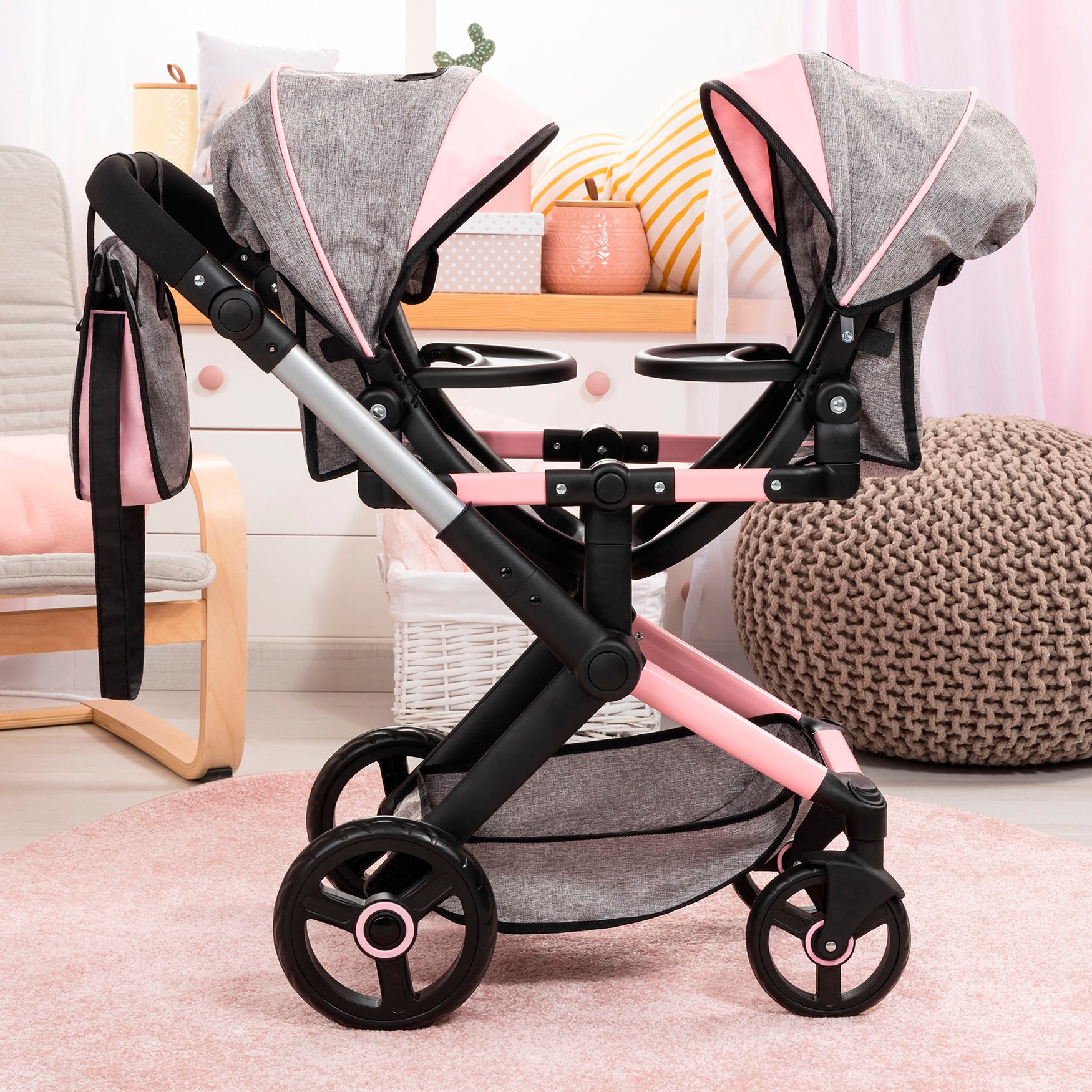 Bayer Puppen-Zwillingsbuggy »Xeo Twin grau/rosa«, mit Wickeltasche