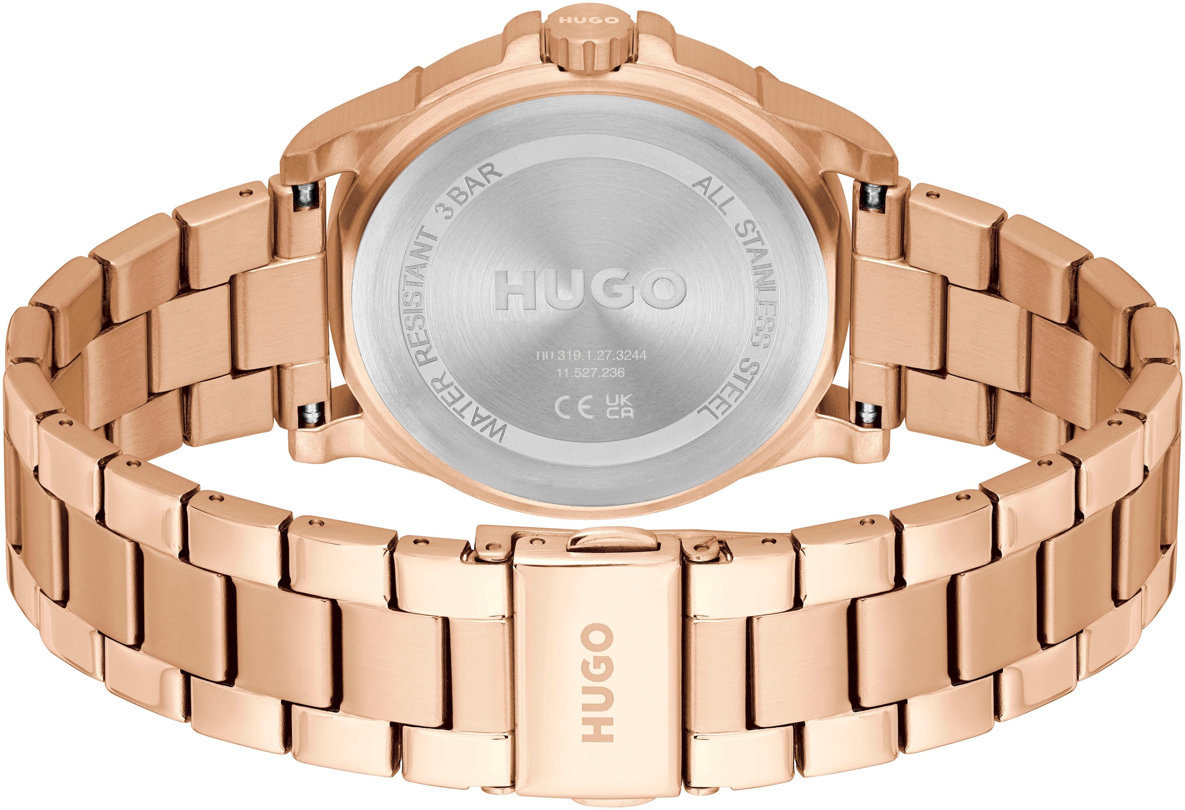 HUGO Multifunktionsuhr »#IMPRESS - FOR HER«, Quarzuhr, Armbanduhr, Damenuhr, Herrenuhr, Edelstahlarmband