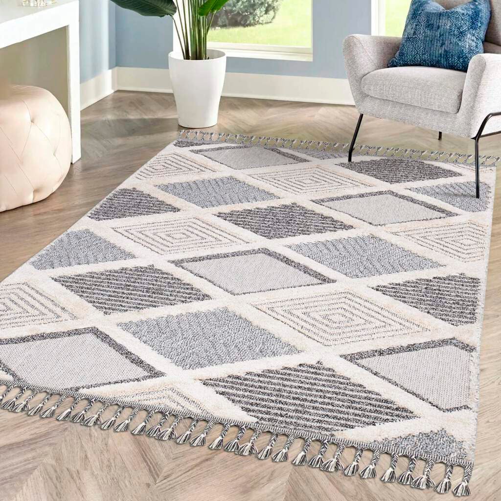 Carpet City Hochflor-Teppich »Valencia 731«, rechteckig, 20 mm Höhe, Läufer, Boho-Stil, 3D-Effekt, Raute, Hoch-Tief-Struktur, mit Fransen