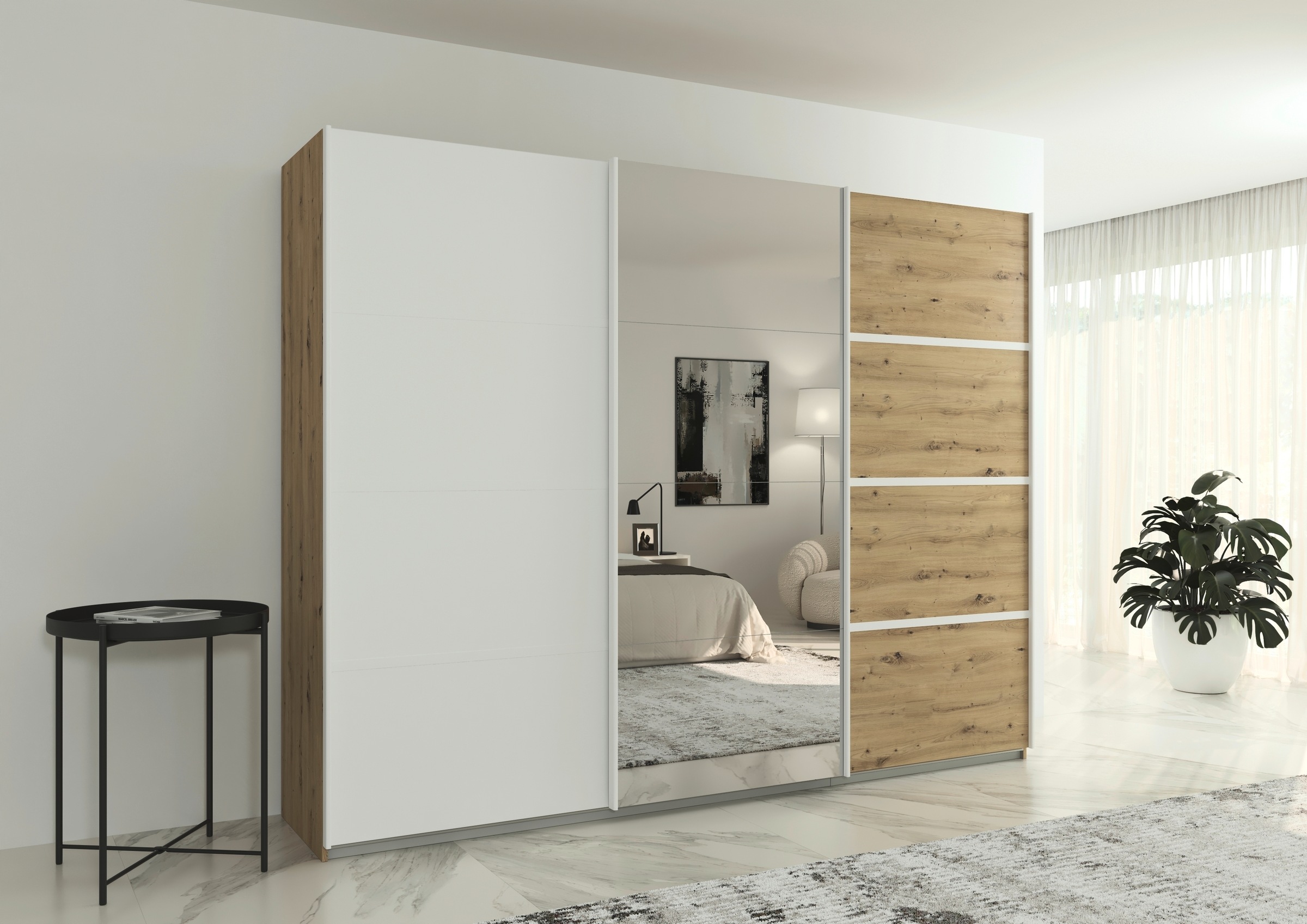 rauch Kleiderschrank »Schwebetürenschrank OTTO´s Choice Garderobe Schrank TOP ANGEBOT Avola«, (in 3 verschiedenen Ausstattungen BASIC/CLASSIC/PREMIUM inkl. Spiegel), mit eleganten Zierleisten in Chrom, Schwarz oder Weiß MADE IN GERMANY