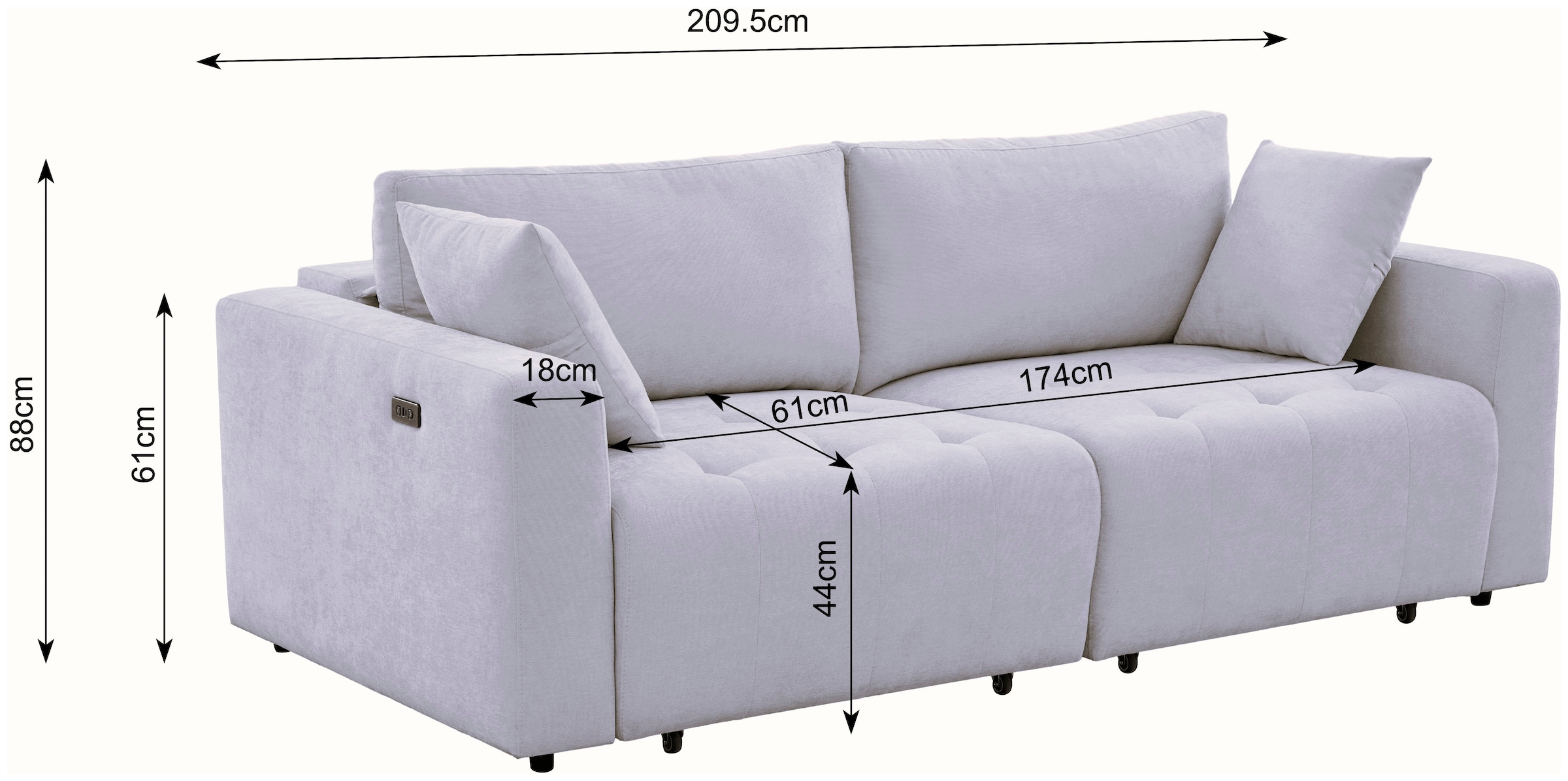 OTTO home 2,5-Sitzer »ELIANN , 209 cm - elektrisches Schlafsofa« mit USB A/C-Anschluss. Federkern, Webstoff