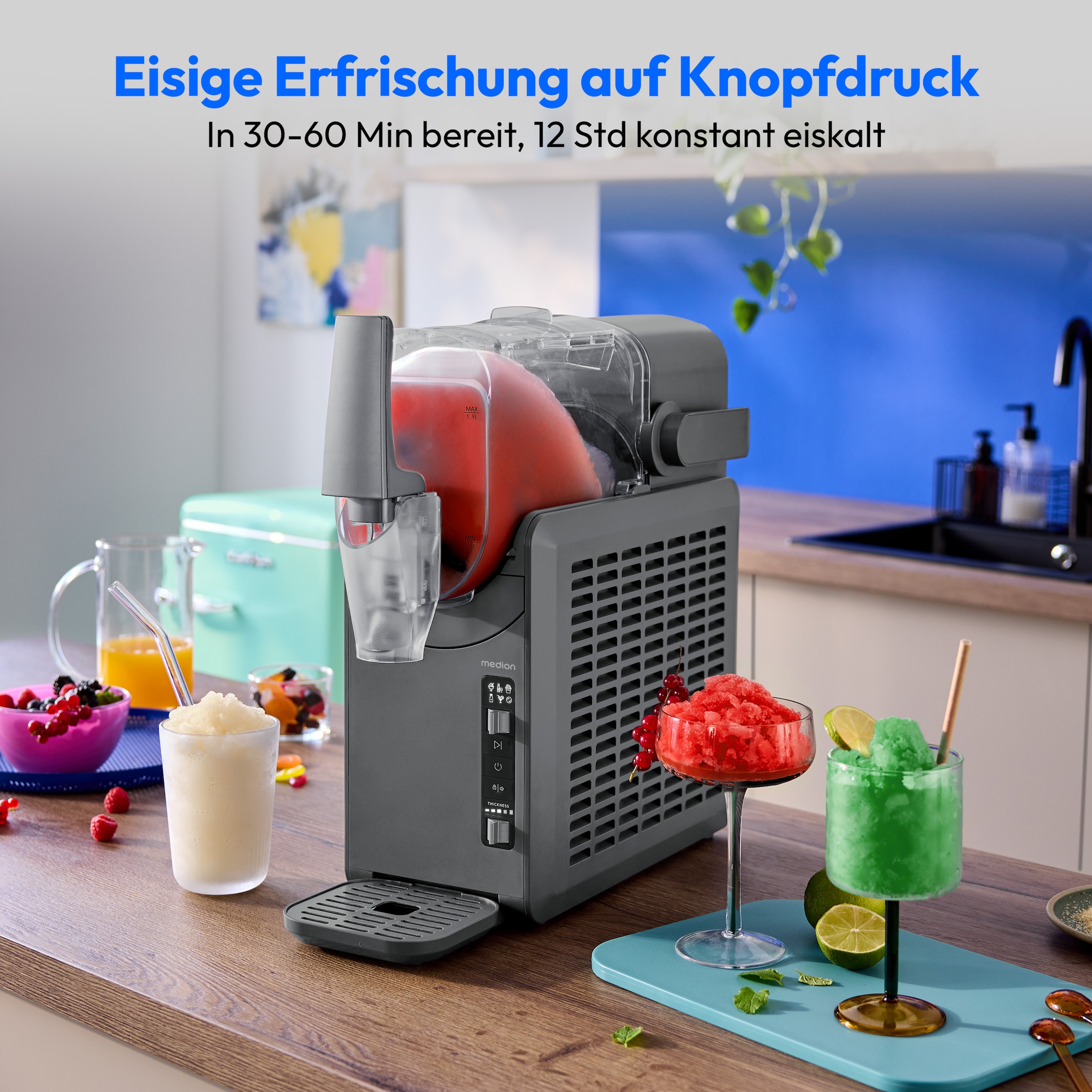 Medion® Slush-Eismaschine »LIFE MD12090 / Slush Ice Maker, 2,6 L Kapazität, Härtegradkontrolle«, 2,6 l, 200 W, 5 Programme, 30–60 Min. Zubereitungszeit, Kompressorkühlung