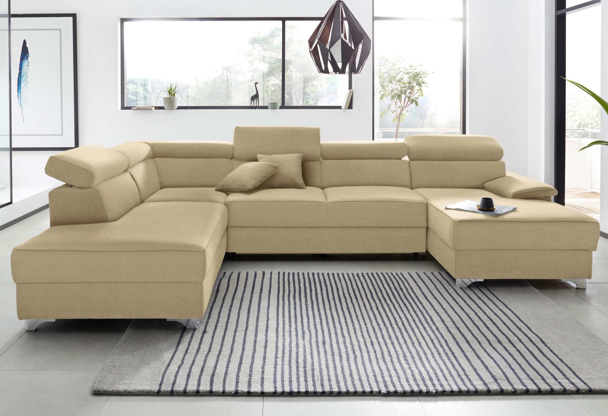 DOMO collection Wohnlandschaft »Mira, inklusive Kopfteilverstellung für mehr Wohlfühlkomfort, U-Form«, wahlweise mit Bettfunktion und Bettkasten, elegant und modern