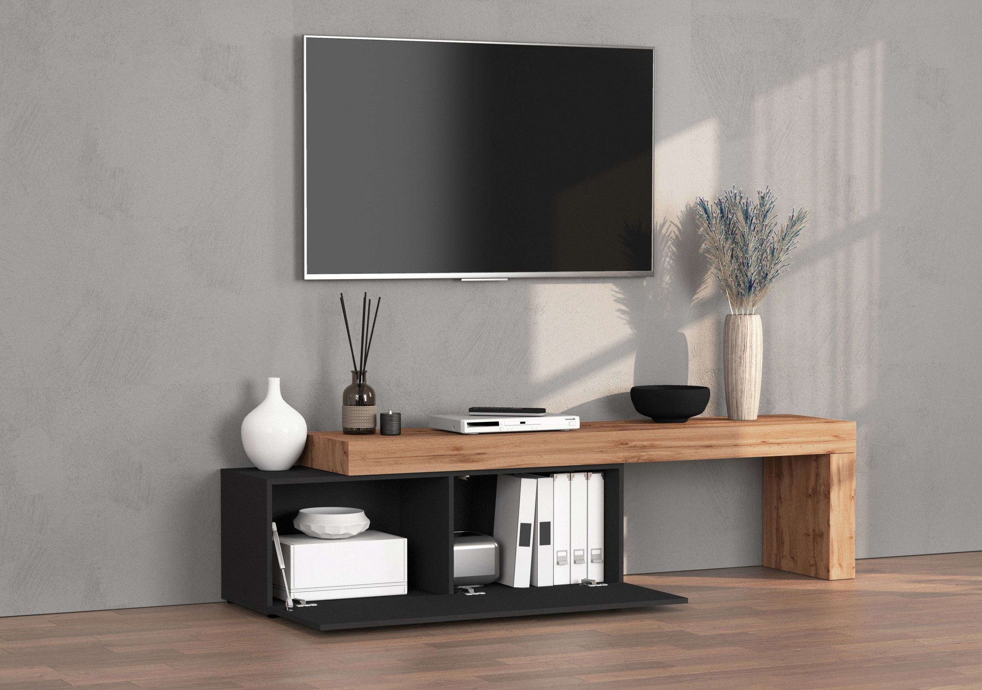 INOSIGN Lowboard »Chronos TV-Board, T-Schrank«, (1 St., Breite verstellbar von 180 bis 290 cm), Breite 240 cm TV-Board,Lowboard,1 Klappe und ein L-Förmiger Aufsatz