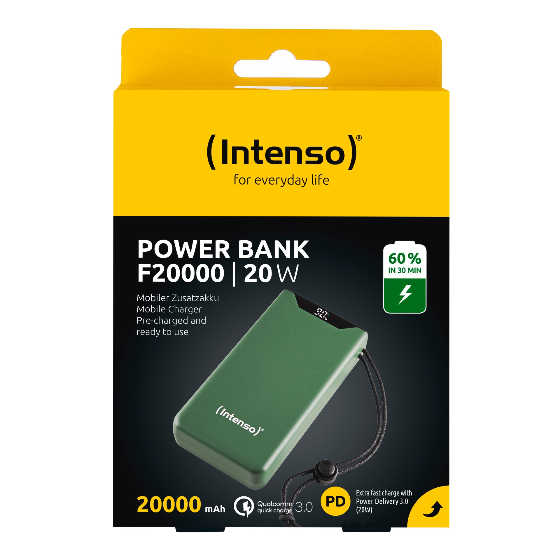 Intenso Powerbank »F20000 20.000 mAh 20 W«, Intenso Power Bank F20000 green, Power Delivery und Qualcomm Quick Charge 3.0, mit USB-C zu USB-C Kabel