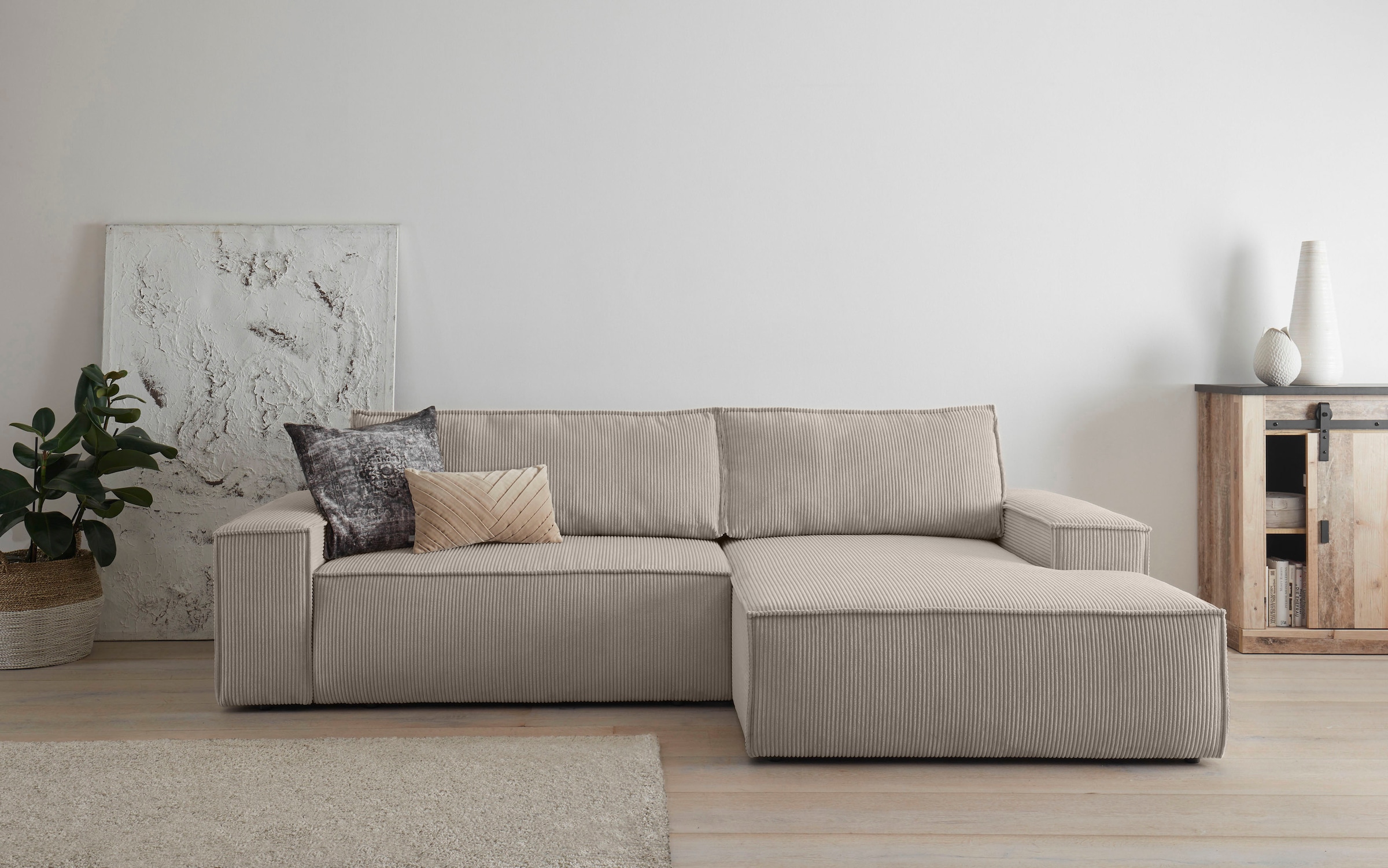 Home affaire Ecksofa »SHERWOOD Schlafsofa 267 cm, L-Form,«, Schlaffunktion mit Bettkasten (210x136 cm), Cord, Vintage, Samtvelours