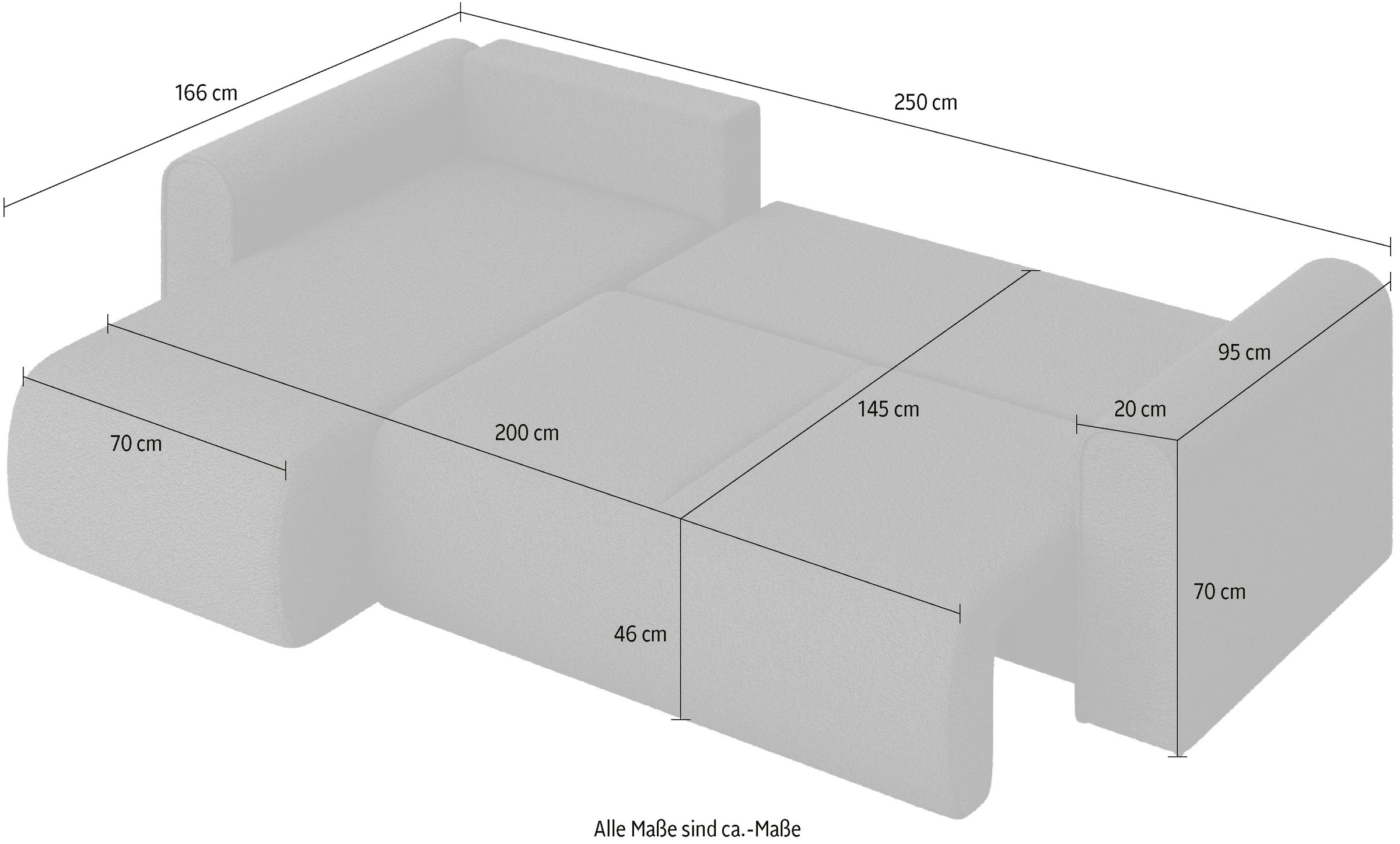 INOSIGN Ecksofa »Zacharia wahlweise Schlafsofa mit Bettkasten, B/T/H 250/166/86 cm«, L-Form mit Wellenunterfederung, Recamiere beidseitig montierbar