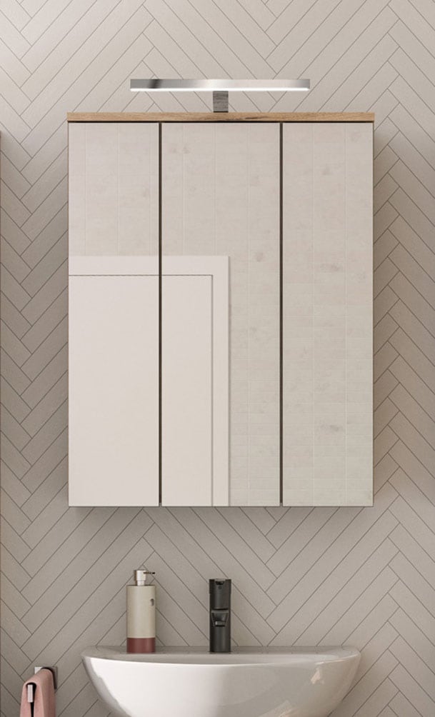 INOSIGN Badezimmerspiegelschrank »Riga, Breite 60cm, inkl. LED Beleuchtung, 3 Spiegeltüren, 9 Fächer«, (Set, 2 St.), Badmöbel, Badschrank, Schrank, Wandschrank, Bad, Badezimmer