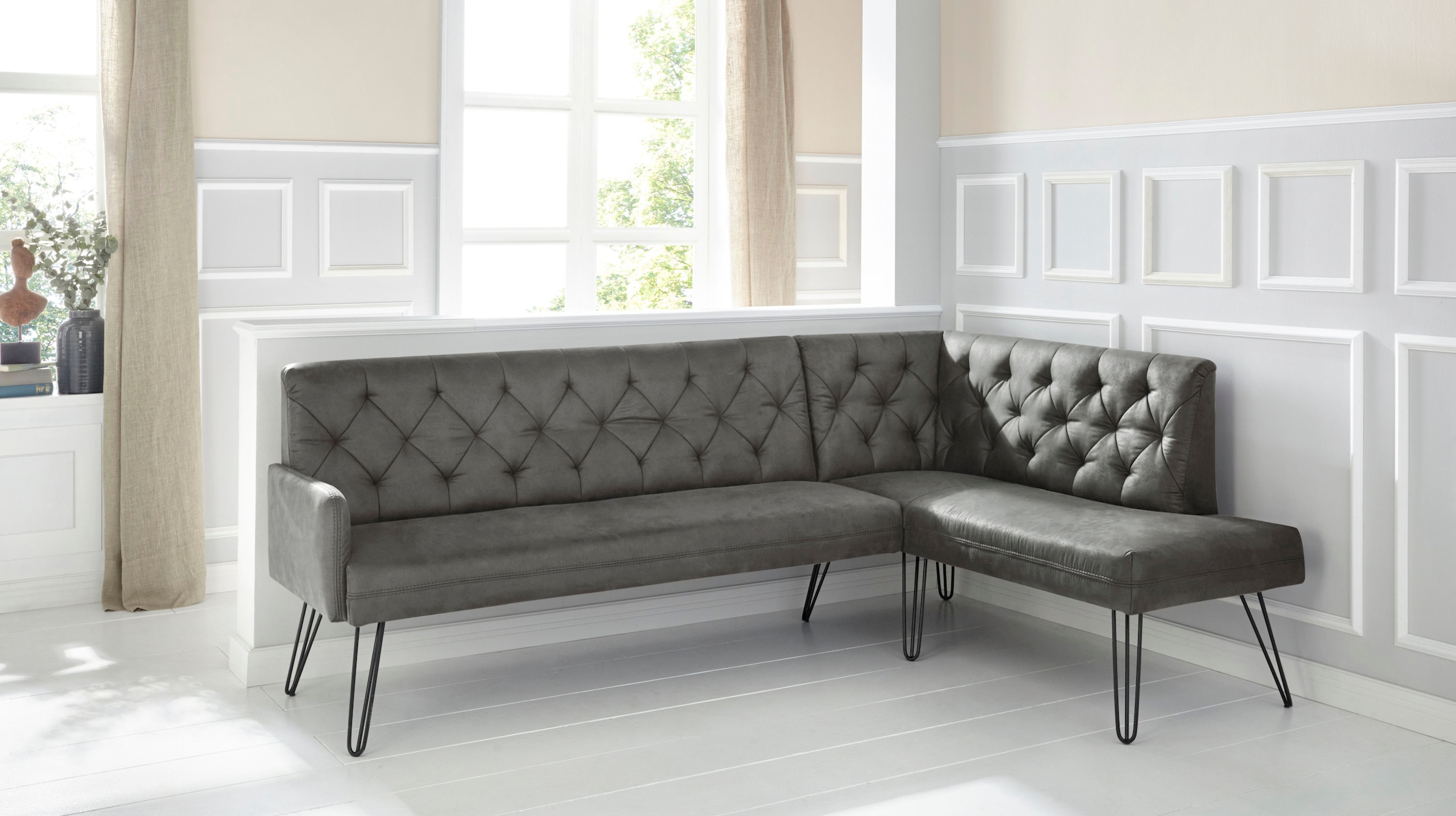 exxpo - sofa fashion Eckbank »Doppio, Chesterfield Optik, komfortabel und bequem, hohe Designfüße«, Frei im Raum stellbar