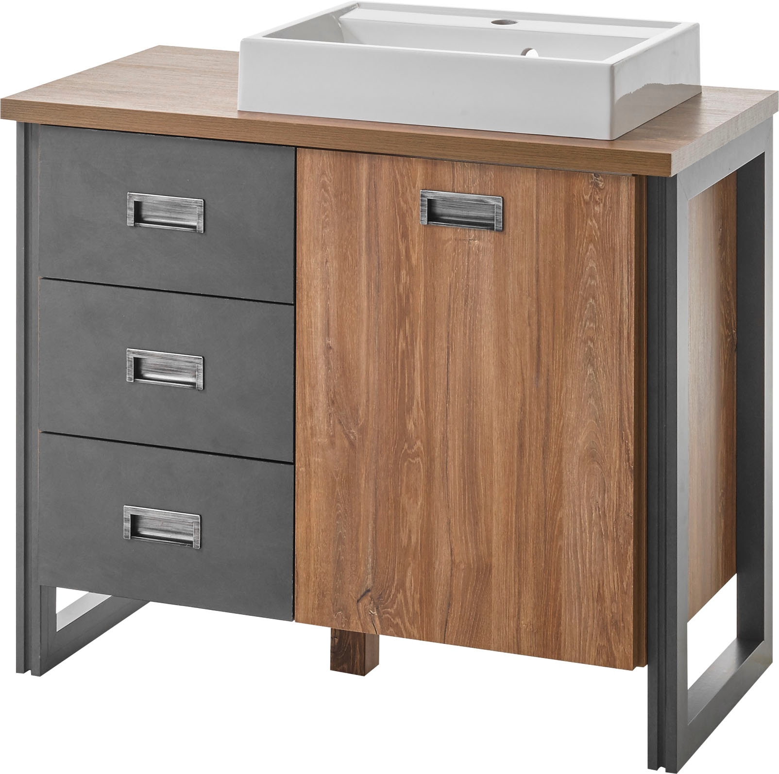 Home affaire Badmöbel-Set »Detroit, Bad im Industrialdesign, inkl. LED, 2-teiliges Badezimmer«, (2 St.), Waschtisch und Spiegel, inkl. Aufsatzwaschbecken aus Mineralguss