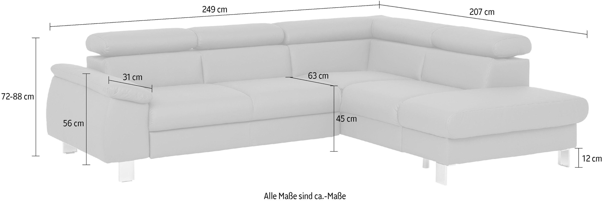COTTA Ecksofa »Komaris L-Form, B: 249 cm«, mit Kopfteilverstellung, optional Bettfunktion, Bettkasten & Licht