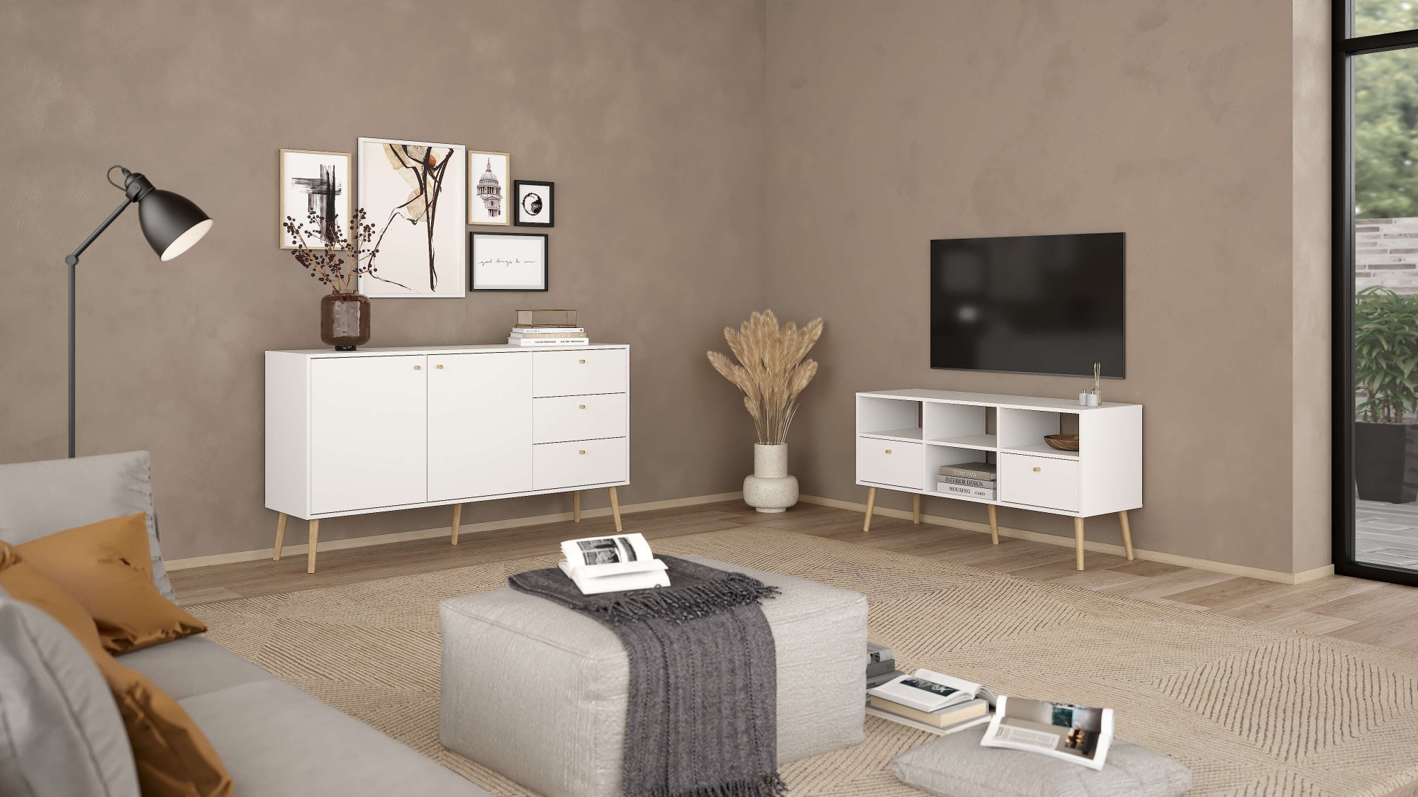 andas TV-Board »Bodo TV-Möbel, TV-Unit, Mediamöbel, Regal«, 2 Schubladen und 4 offene Fächer, Beine und Griffe aus Massivholz