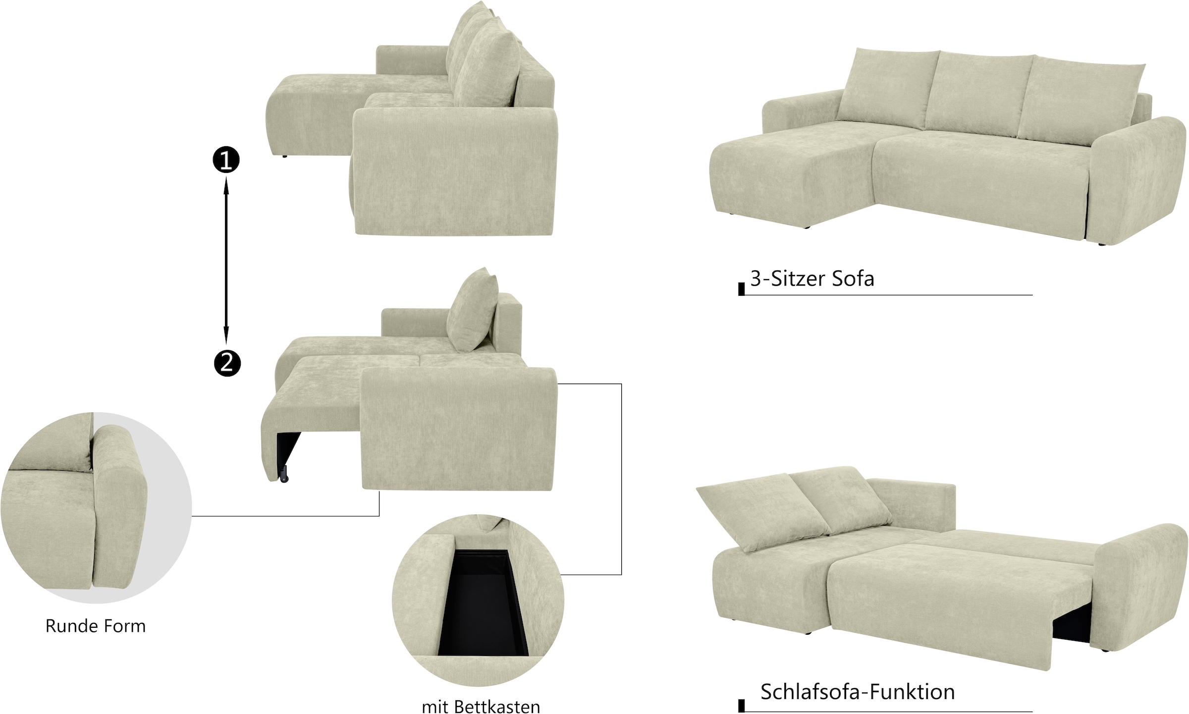 Home affaire Ecksofa »Nortrud-Uni, 241 cm, L-Form, mit Schlaffunktion u. Bettkasten« Recamiere rechts / links montierbar, Feinstruktur-Bezug