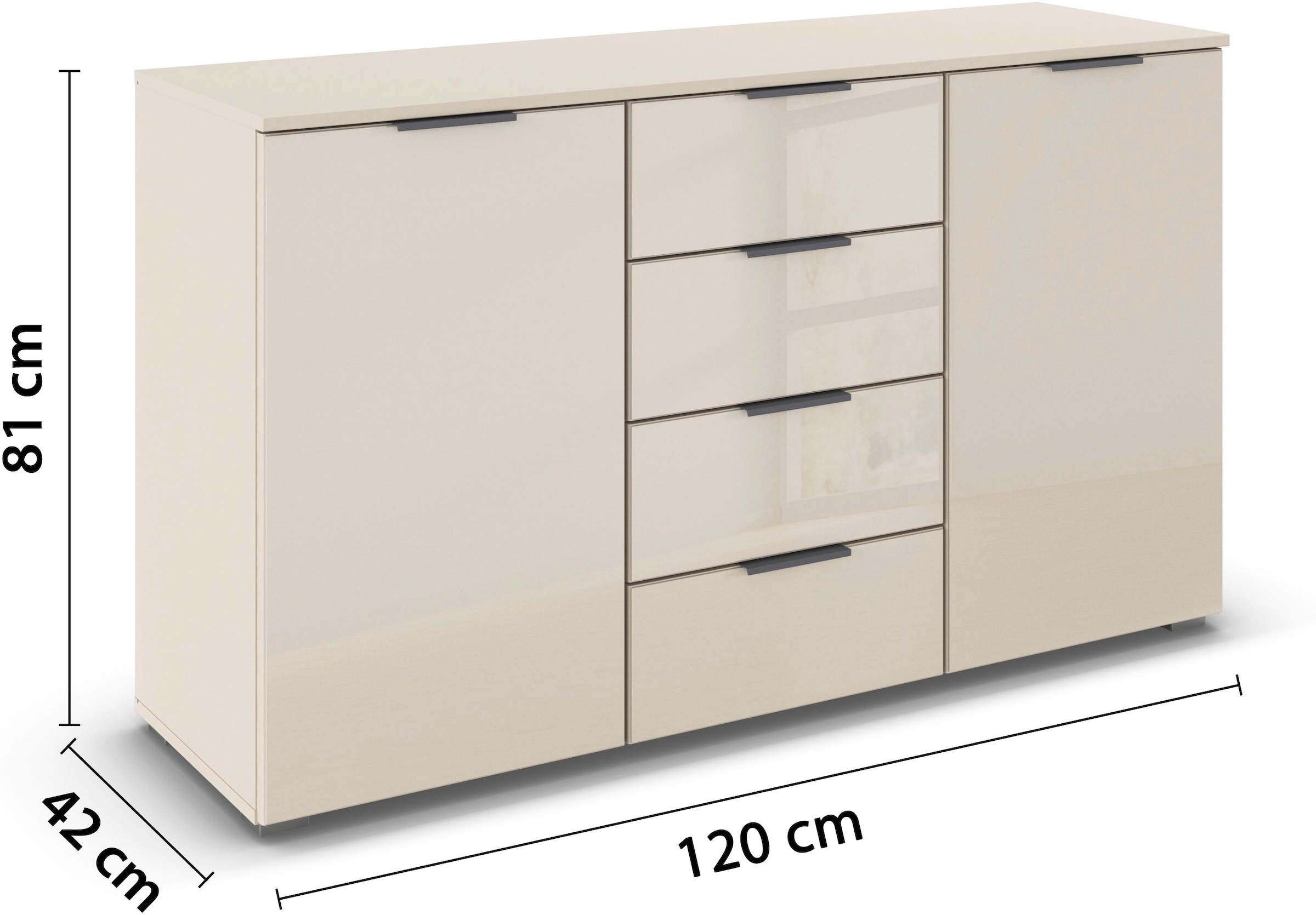 rauch Kombikommode »Sideboard Kombikommode Schubladenkommode AGORDO mit Glasfront«, (in zwei Griff-Farben, Breite 120 cm), vier große Schubladen, mit insgesamt 4 Einlegeböden MADE IN GERMANY