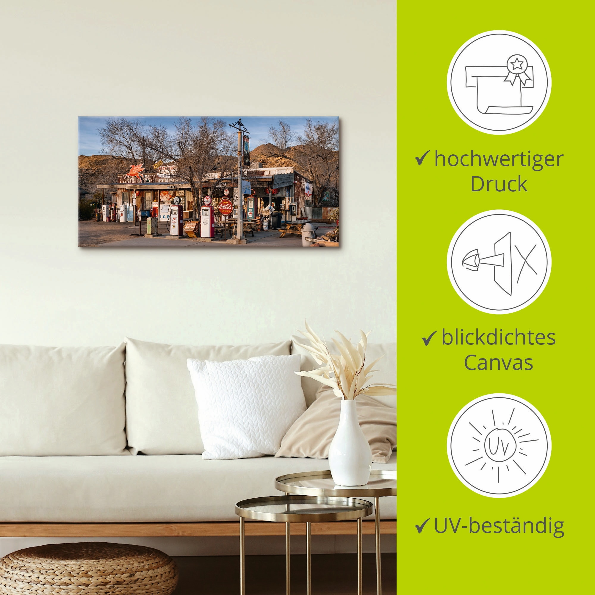 Artland Wandbild »Tankstelle an der Route 66 in Arizona« Gebäude 1 Stk. tlg. als Leinwandbild in verschied. Größen