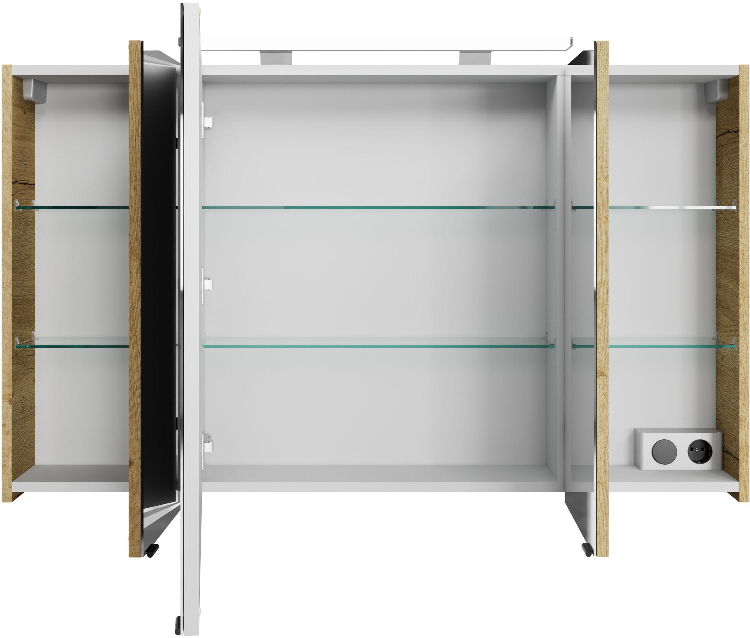 Saphir Badezimmerspiegelschrank »Serie 4010 Badezimmer-Spiegelschrank inkl. LED-Aufsatzleuchte«, Badschrank 120 cm breit, 3 Türen, 6 Glas-Einlegeböden, inkl Türdämpfer