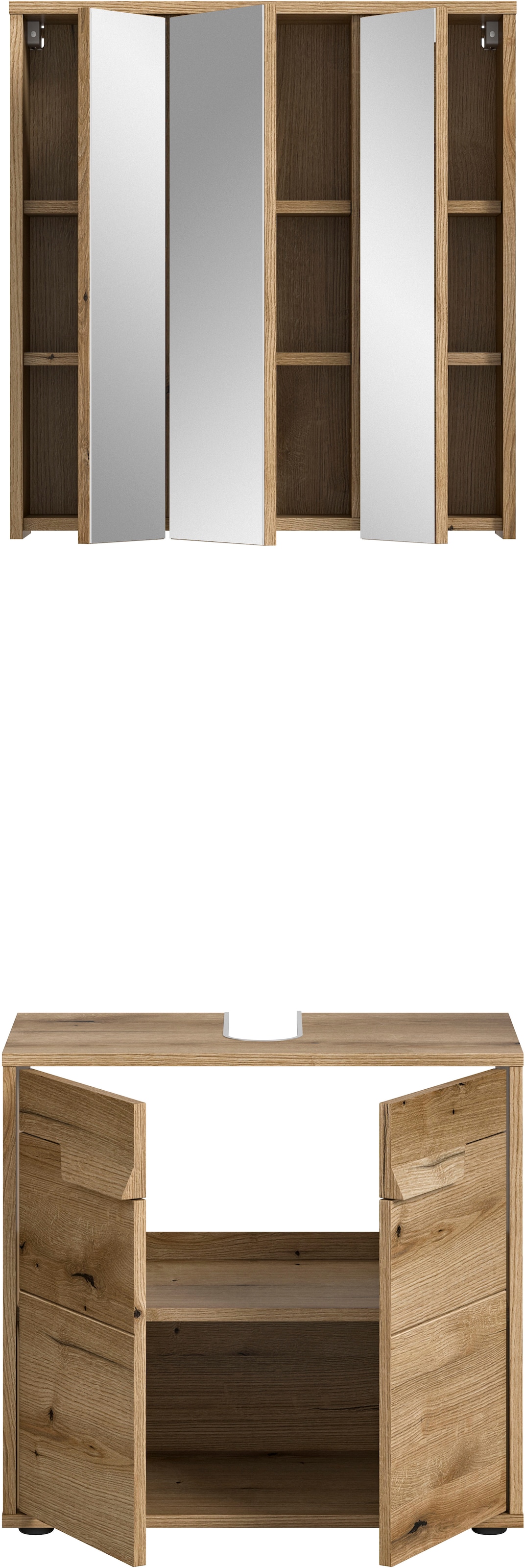 welltime Badmöbel-Set »Kayu, bestehend aus: Waschbeckenunterschrank, Spiegelschrank«, hochwertige MDF Front mit Rillenfräsung, Bad, Bad Set, Badezimmer